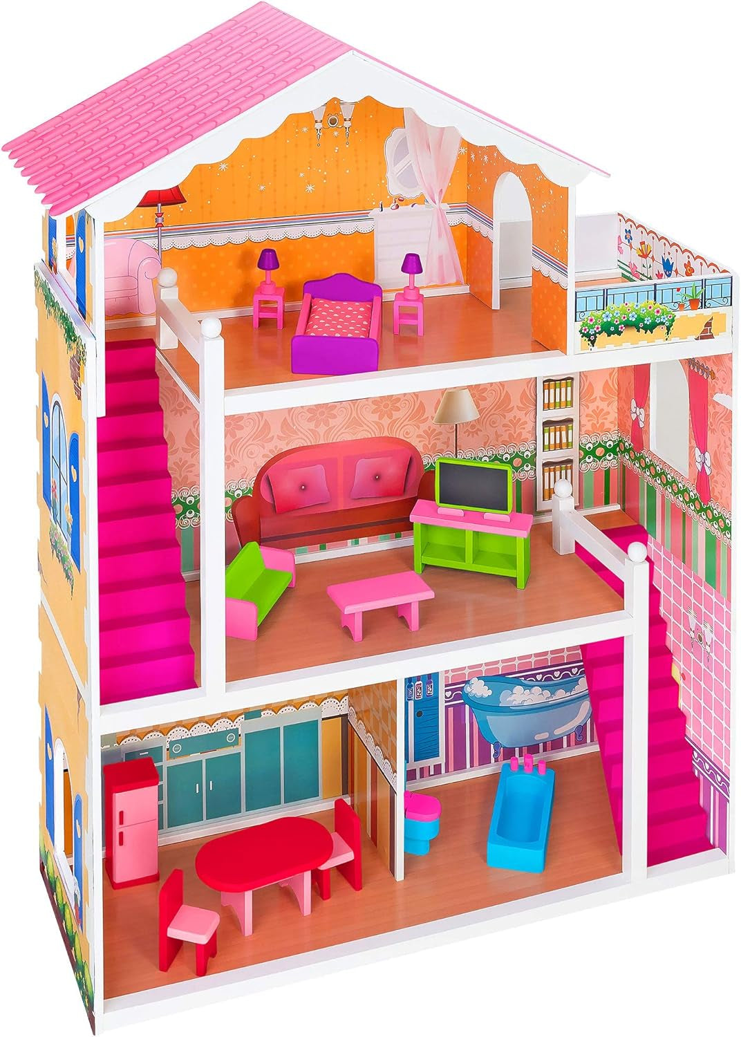37916 – Puppenhaus – Holz – 3 Regale, – 17 Zubehör Puppenhäuser Naty Shop Standardtitel