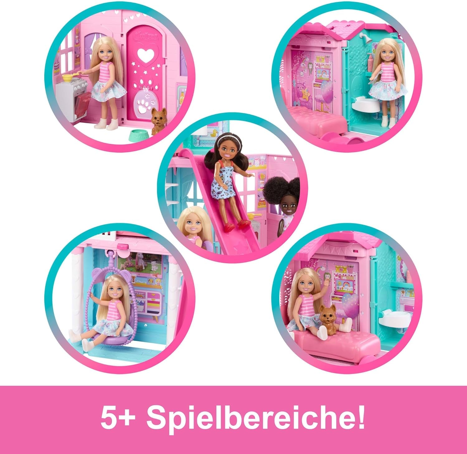 Barbie Chelsea-Puppenhaus mit mehr als 15 Zubehörteilen, Pop-up-Haus erweiterbar auf über 42 x 33 cm mit 5 Spielbereichen und einer Rutsche, mit einer kleinen Puppe und einem Hund, JFW49