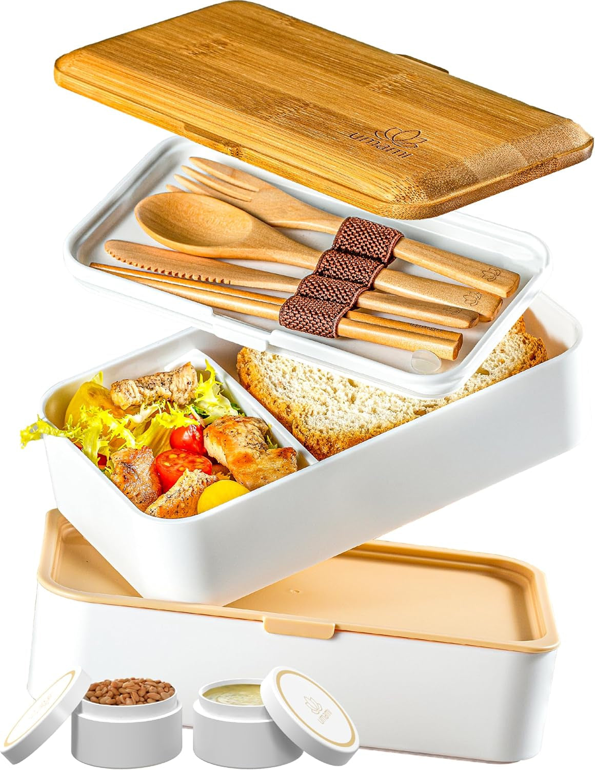 Umami Lunchbox für Erwachsene, auslaufsichere stapelbare Bento-Box mit 4 Besteck und Fächern, Lunchbox für Erwachsene, To-Go-Salatbehälter, Picknick-/Büro-Lunchbox, Anthrazit, 1500 ml