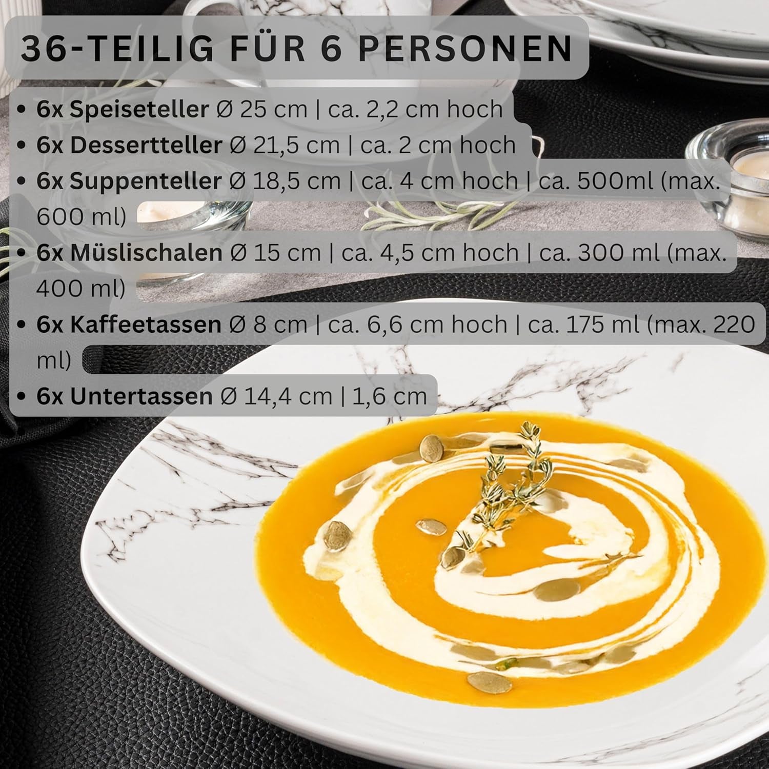 SANGER | Bilgola Marmor-Geschirr-Set, 36-teilig, für 6 Personen, mit Speisetellern, Desserttellern, Suma-Tellern, Müslischalen, Kaffeetellern und Porzellan-Untertassen, quadratisch | DIE PREMIUM-KOLLEKTION