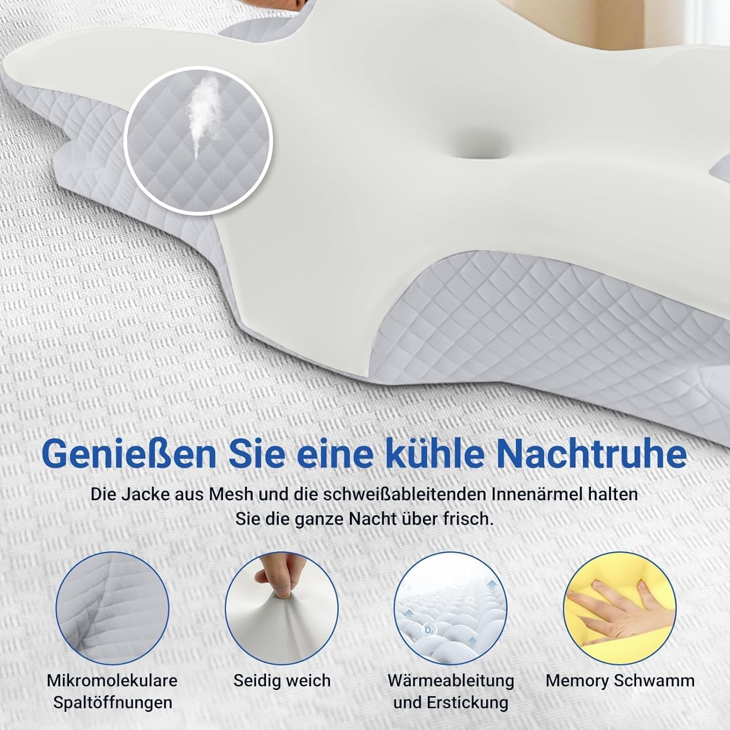 NVKHG Memory-Schaum-Kissen, ergonomisches Nackenkissen, Kopfkissen, Memory-Schaum-Kissen, Kopfkissen für Seiten-, Rücken- und Bauchschläfer zur Verbesserung der Schlafqualität, 60 x 41 x 13/11 cm, orthopädische Nackenkissen, Naty Shop