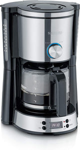 SEVERIN Espressomaschine „TypeSwitch“ mit Glaskaraffe und Timer, AromaSwitch zur Auswahl von 2 Brühoptionen, Digitaluhr mit Timerfunktion, für bis zu 10 Tassen, 1000 W, Edelstahl gebürstet-schwarz, KA 4826