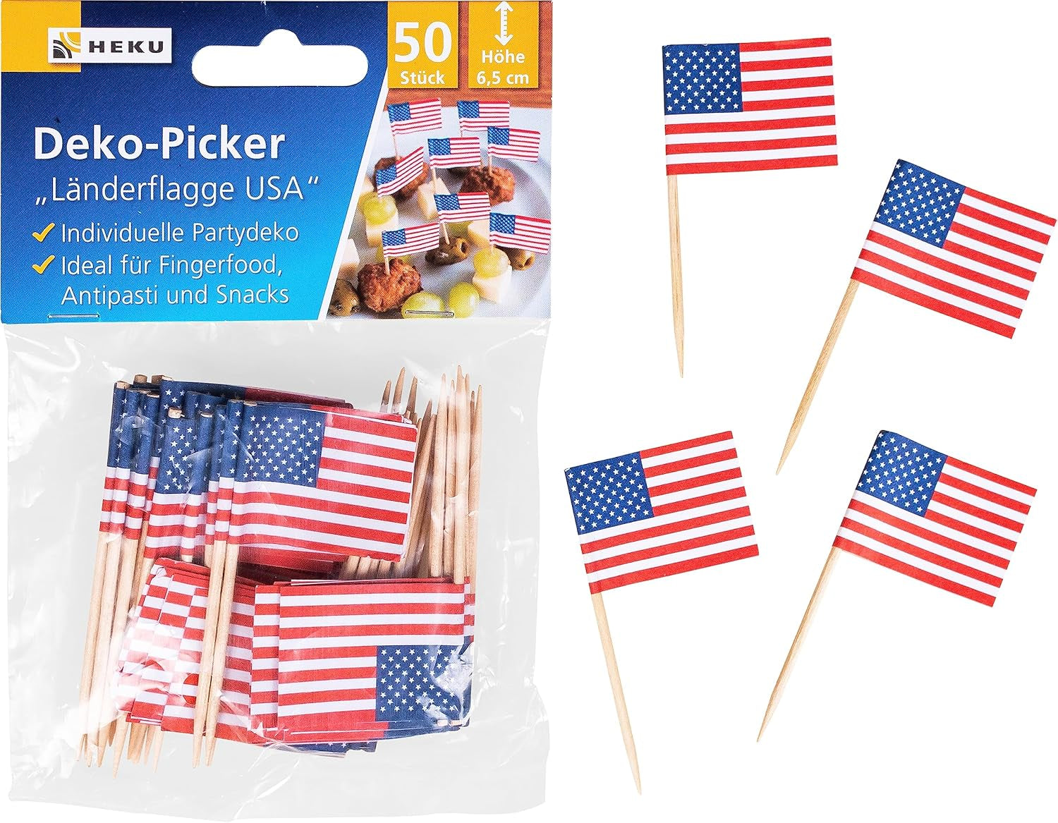 HEKU 191-tlg. USA-Party-Set I Pappteller Ø23 cm, rote Becher, 3-lagige Servietten 33 x 33 cm, Deko-Picker, Wimpelkette 10 m I perfekt für Mottopartys und Nationalfeiertage