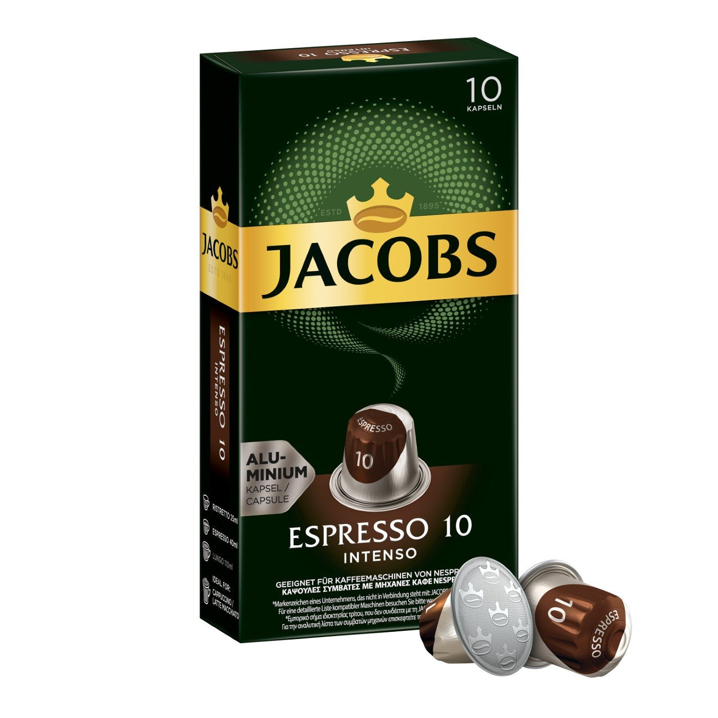 Jacobs Kapseln Lungo Intenso, Intensität 8 & Kapseln Espresso Intenso, Intensität 10.100 Nespresso®* kompatible Kaffeekapseln, 10er Pack, 10 x 10 Getränke
