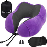 WELLGRO Nackenkissen-Set mit 3D-Schlafmaske und Ohrstöpseln – abnehmbarer Bezug – Memory-Schaum – Reißverschluss – inklusive Aufbewahrungstasche – Reisekissen – Farbe wählbar, Farbe: Grau Naty Shop Lila orthopädische Nackenkissen