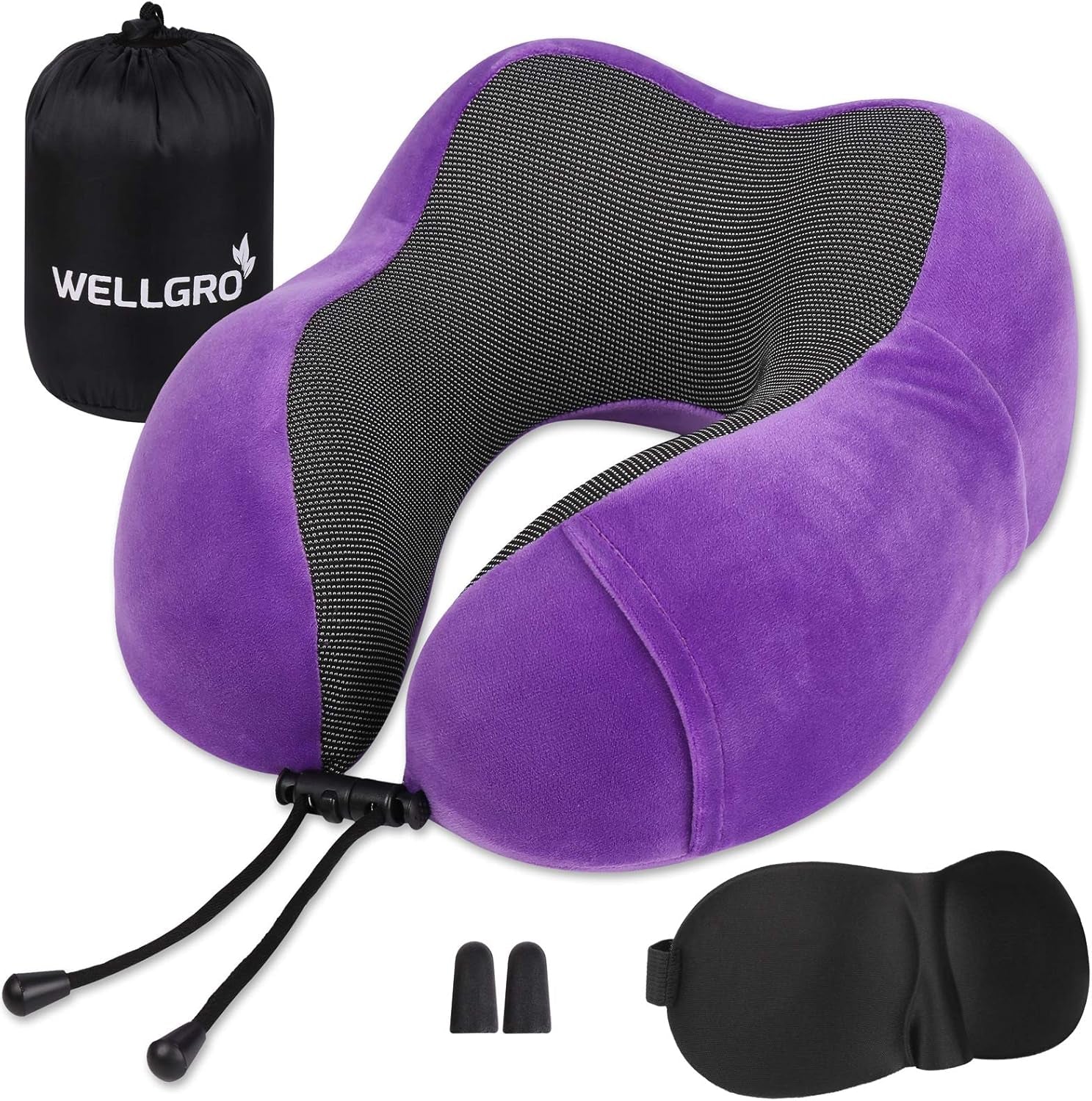 WELLGRO Nackenkissen-Set mit 3D-Schlafmaske und Ohrstöpseln – abnehmbarer Bezug – Memory-Schaum – Reißverschluss – inklusive Aufbewahrungstasche – Reisekissen – Farbe wählbar, Farbe: Grau Naty Shop Lila orthopädische Nackenkissen