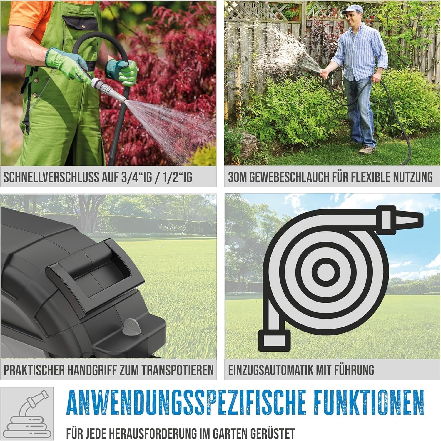 Automatischer Schlauchaufroller Güde 30-2-2 1/2 (180° drehbar, für Wandmontage, 30 m Schlauch, Wasserbrause, Wandhalterung, automatischer Rückzug, Rückzugstopp, Transportgriff, 2 Schnellkupplungen)