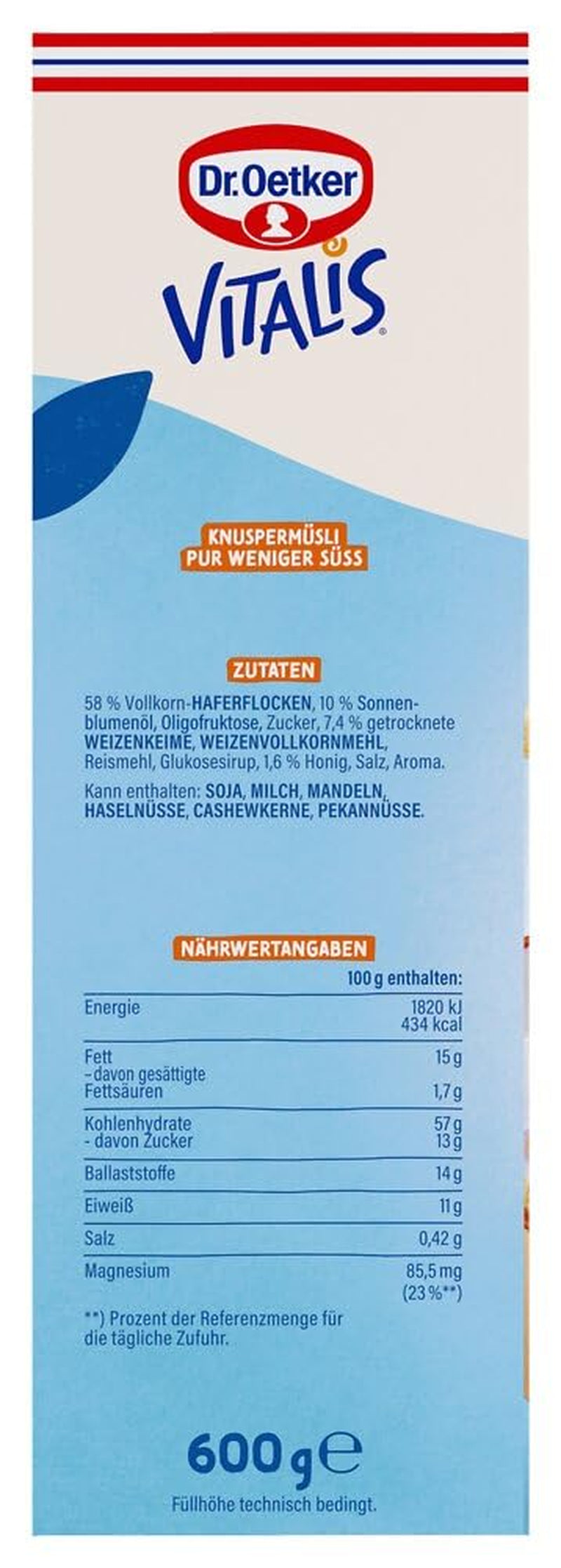 Dr. Oetker Vitalis Less Sweet Crunchy Pure: Knuspermüsli mit 30 % weniger Zucker, 5er Pack (5 x 600g)