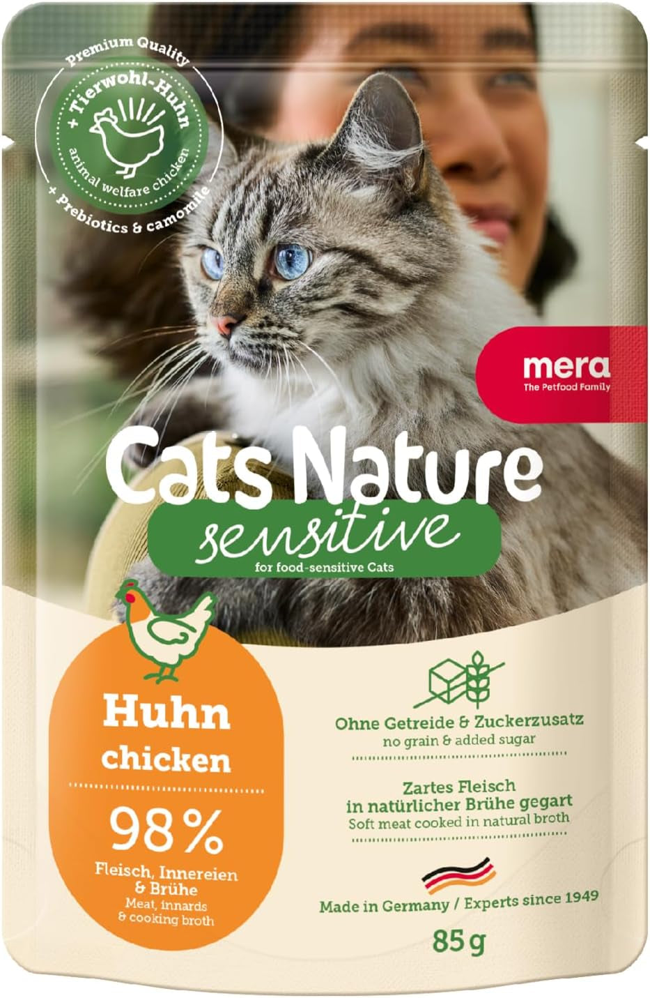 Nassfutter für Katzen MERA Cats Nature Sensitive mit Huhn 12x85g | Monoprotein, zuckerfrei und getreidefrei | Hoher Fleischanteil und leicht verdauliches Nassfutter für Katzen