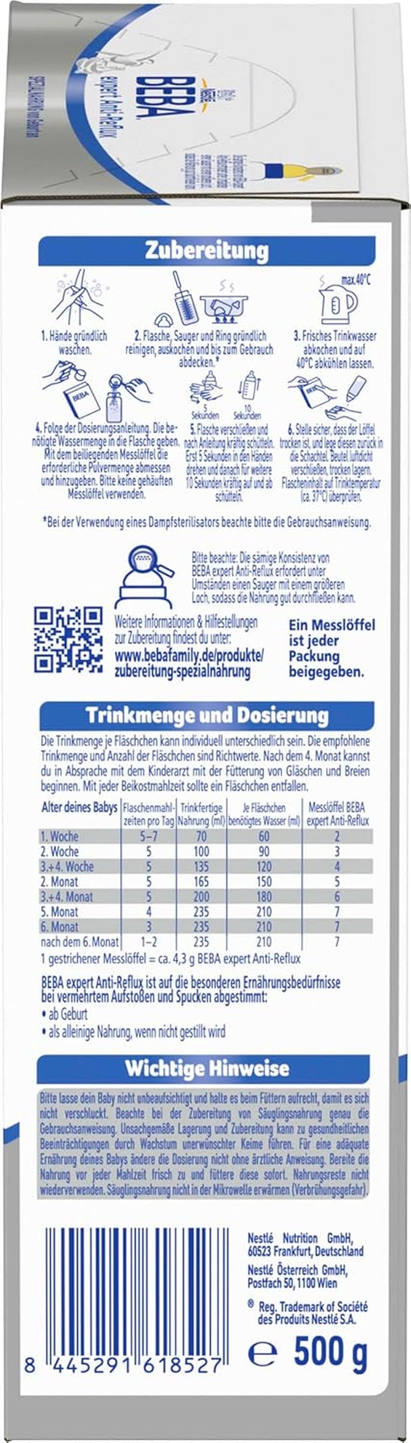 BEBA expert Anti-Reflux - AR Spezialnahrung ab der Geburt, gegen vermehrtes Aufstoßen und Erbrechen, Babynahrung, Babymilchpulver, 1 Packung (1 x 500g)