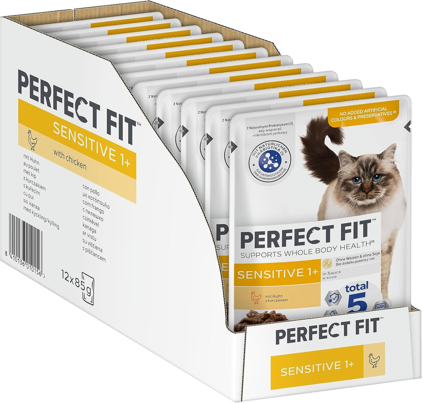 Nassfutter für Katzen Perfect Fit Sensitive 1+ mit Huhn in Soße, 12 Beutel, 12 x 85g – Premium-Nassfutter für empfindliche Katzen ab 1 Jahr, ohne Weizen und Soja, zur Unterstützung der Verdauung