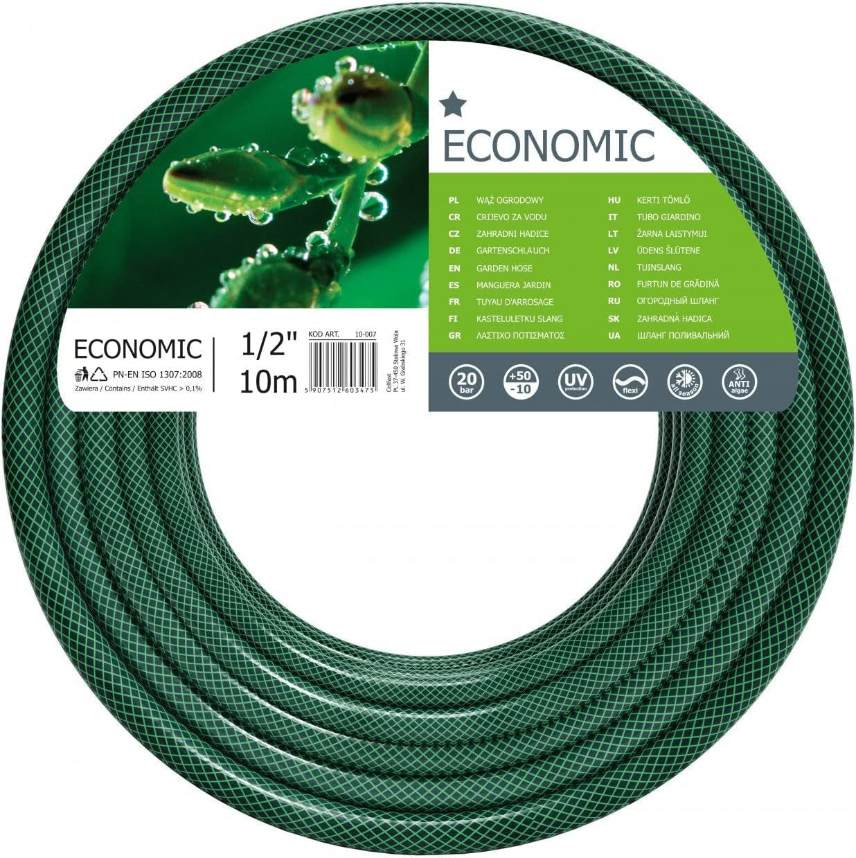CELLFAST Gartenschlauch, 3-lagiger Kreuzgewebe-Polyester-Wasserschlauch für den Garten, flexibler Bewässerungsschlauch, UV-beständig, Anti-Algen, 2 Bar, 1/2 Zoll, 10 Meter, wirtschaftlich