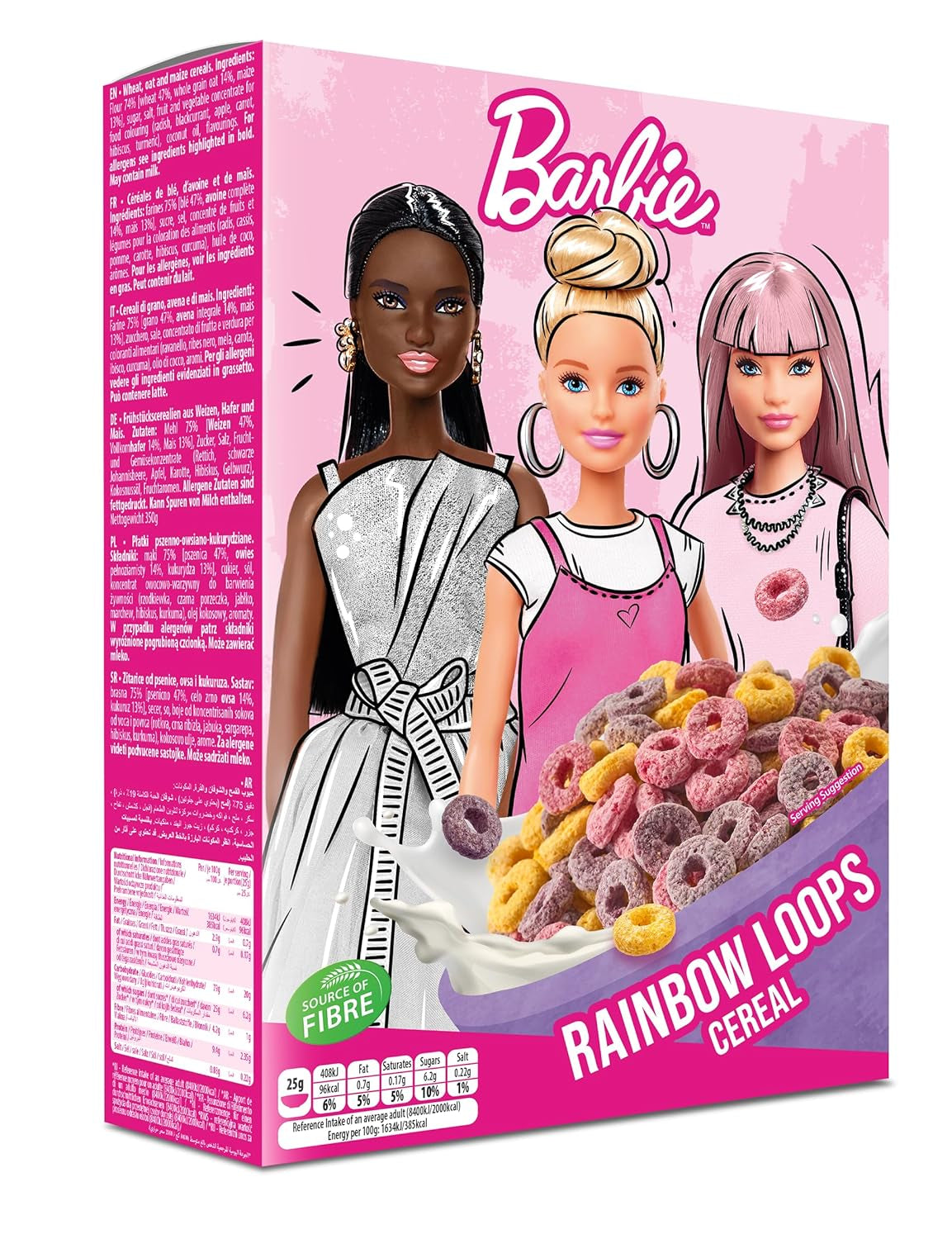 Barbie Rainbow Loops Müsli, bunte Ringe aus Weizen, Hafer und Mais mit Fruchtgeschmack für das perfekte Frühstück, 1 Packung (1 x 350g)