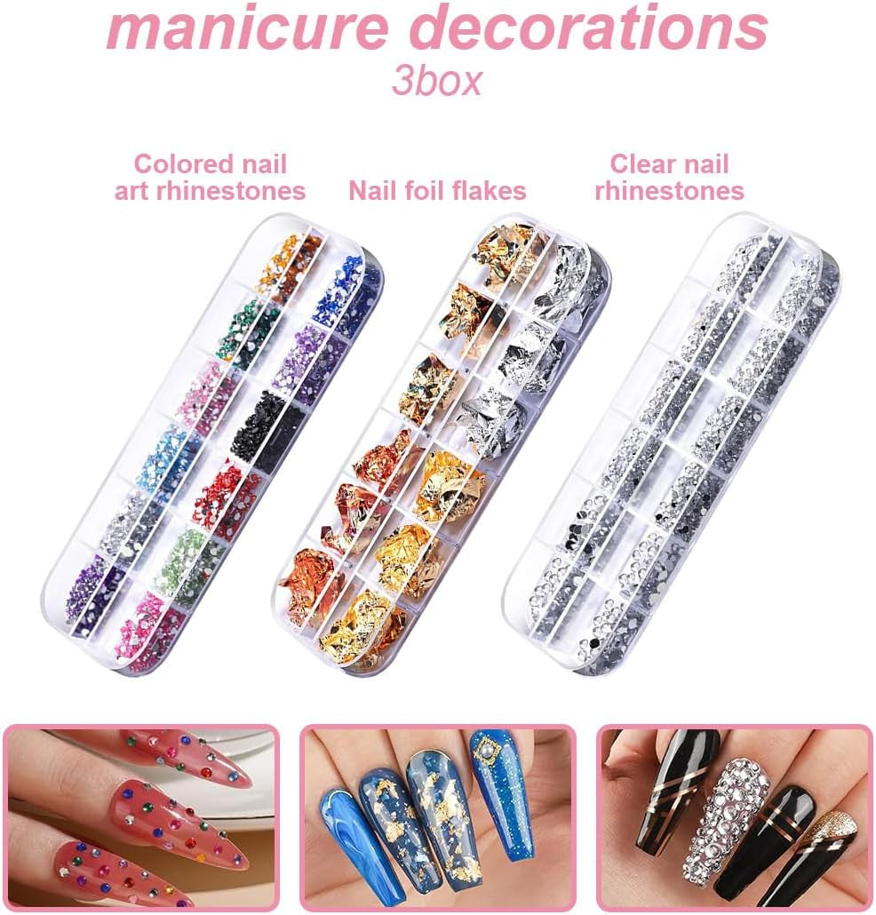 Set mit Nagelaufklebern und Zubehör – 5 Nagelaufkleber, Pinsel, Steine, Zierband, Goldfolie – perfekt für Maniküre und Gelnägel – 50-teiliges Set