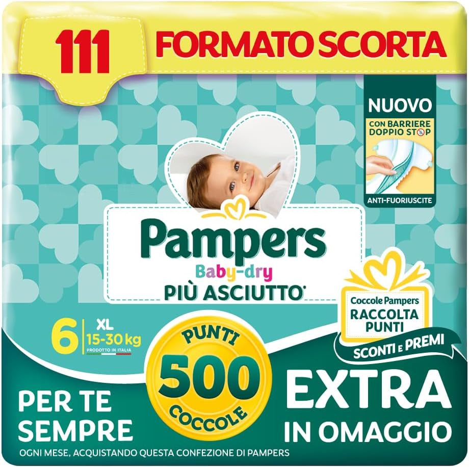 Pampers Baby Dry XL Größe 6 (15–30 kg), 111 Windeln + 500 kostenlose zusätzliche Kuschelpunkte