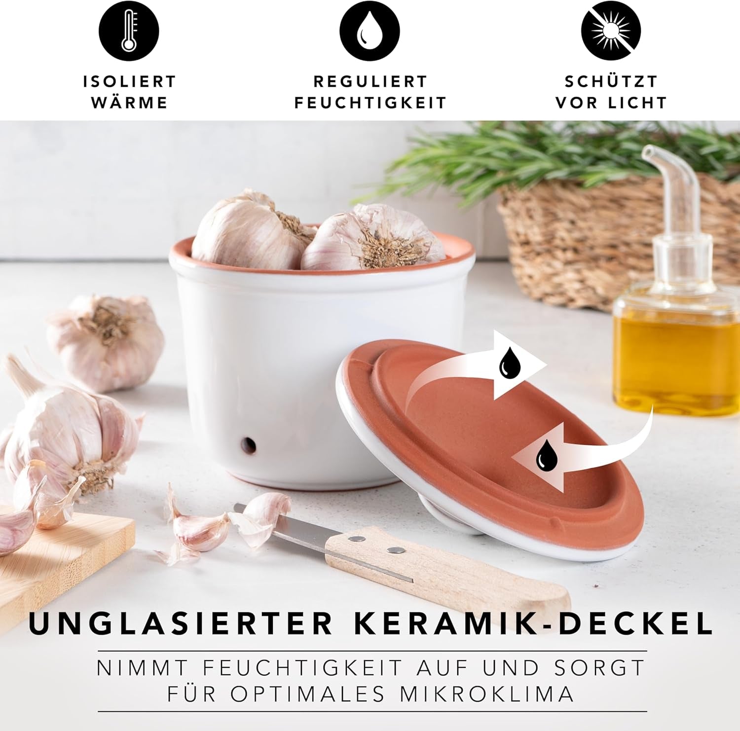 Römertopf Fresh Pot MINI 0,6 Liter – Knoblauchtopf aus Keramik – Atmungsaktiver Ton hält Gemüse länger frisch – Ideale Luftzirkulation – Weiße Frischhaltedosen Naty Shop