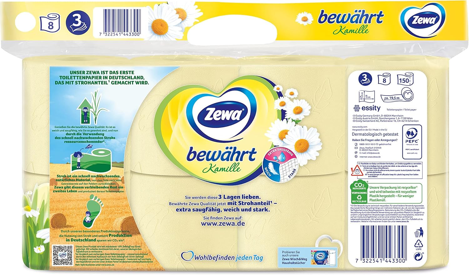 Zewa bewährtes Kamille-Toilettenpapier mit Strohhalm, 7 x 8 Rollen