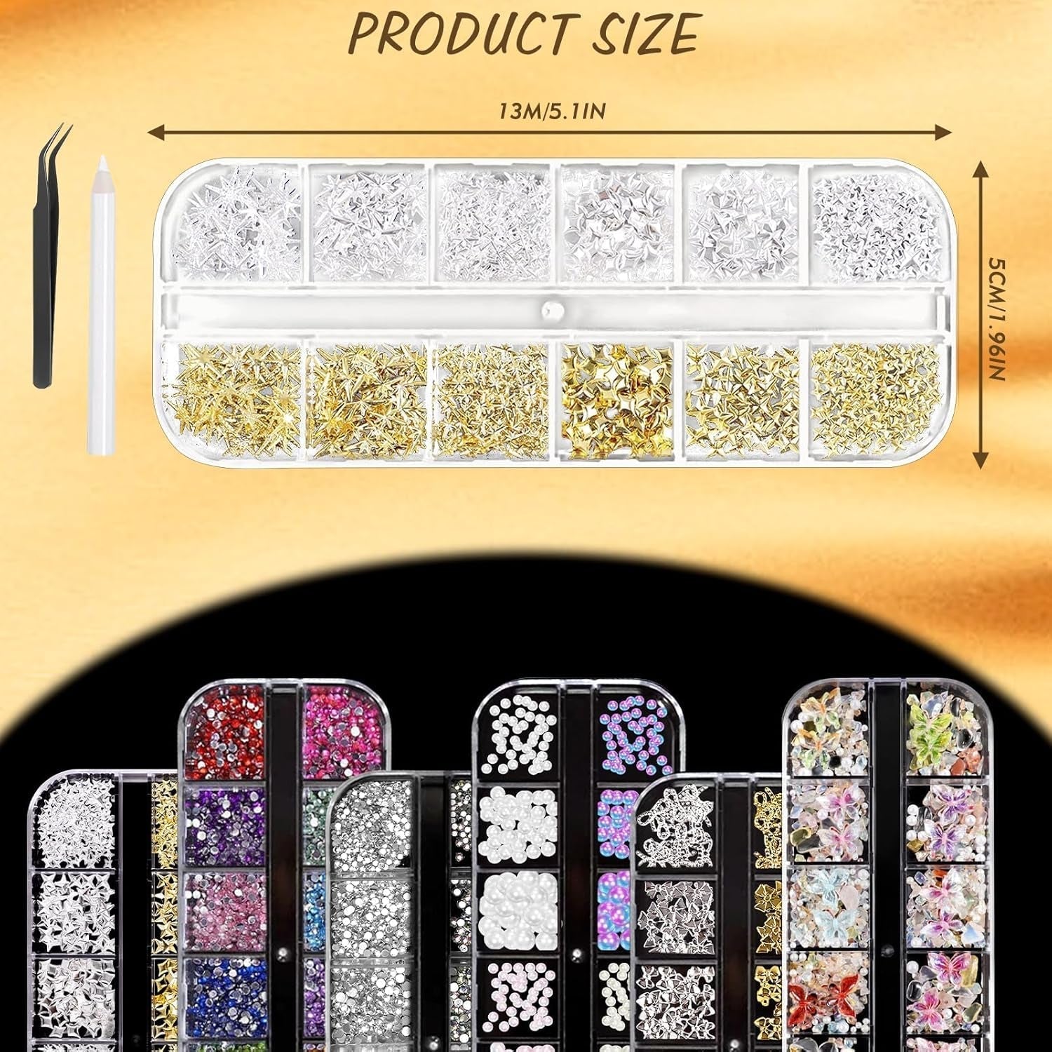 Nail Charms,6 Boxen Gold Silber Nagel Charms 3D Gold Bogen Stern Nail Art Dekoration+6200 Strasssteine ​​​​Bunt Steine ​​​​AB Perlen Diamanten,3D Legierung Bow Nail Gems Nagel Deko Für Frauen Nagel (6-A)