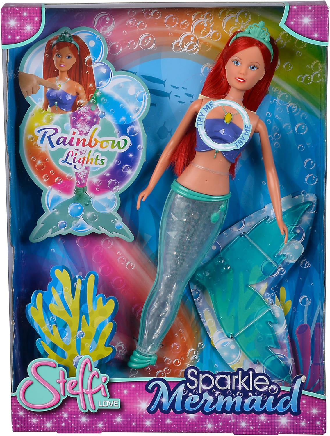 Simba 105733656 – Steffi Love funkelnde Meerjungfrau-Puppe (39 cm) – leuchtende Meerjungfrau, farbwechselnder, leuchtender Regenbogen, wasserfestes Spielzeug für Kinder ab 3 Jahren
