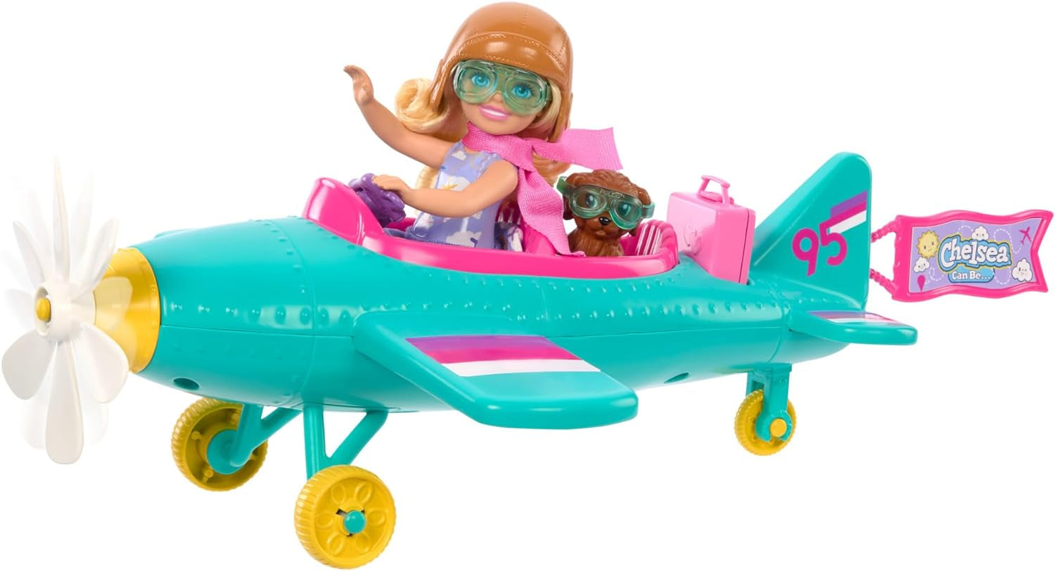Chelsea Barbie-Puppenflugzeug und Spielset – Pilotenpuppe, Flugzeug, Welpen- und Märchenzubehör, Spinnräder und Blumenpropeller, ab 3 Jahren, HTK38