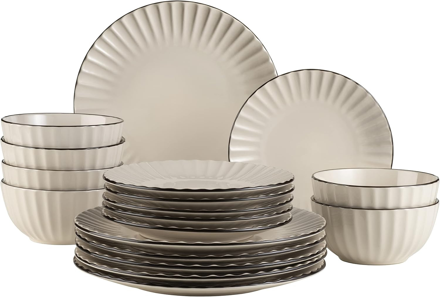 MÄSER 931967 Osita Retro Series 6-Personen-Geschirrset Wave, 18-teiliges rundes Geschirrset, Speiseteller, Dessertteller und Müslischalen, Keramik, Cremeweiß