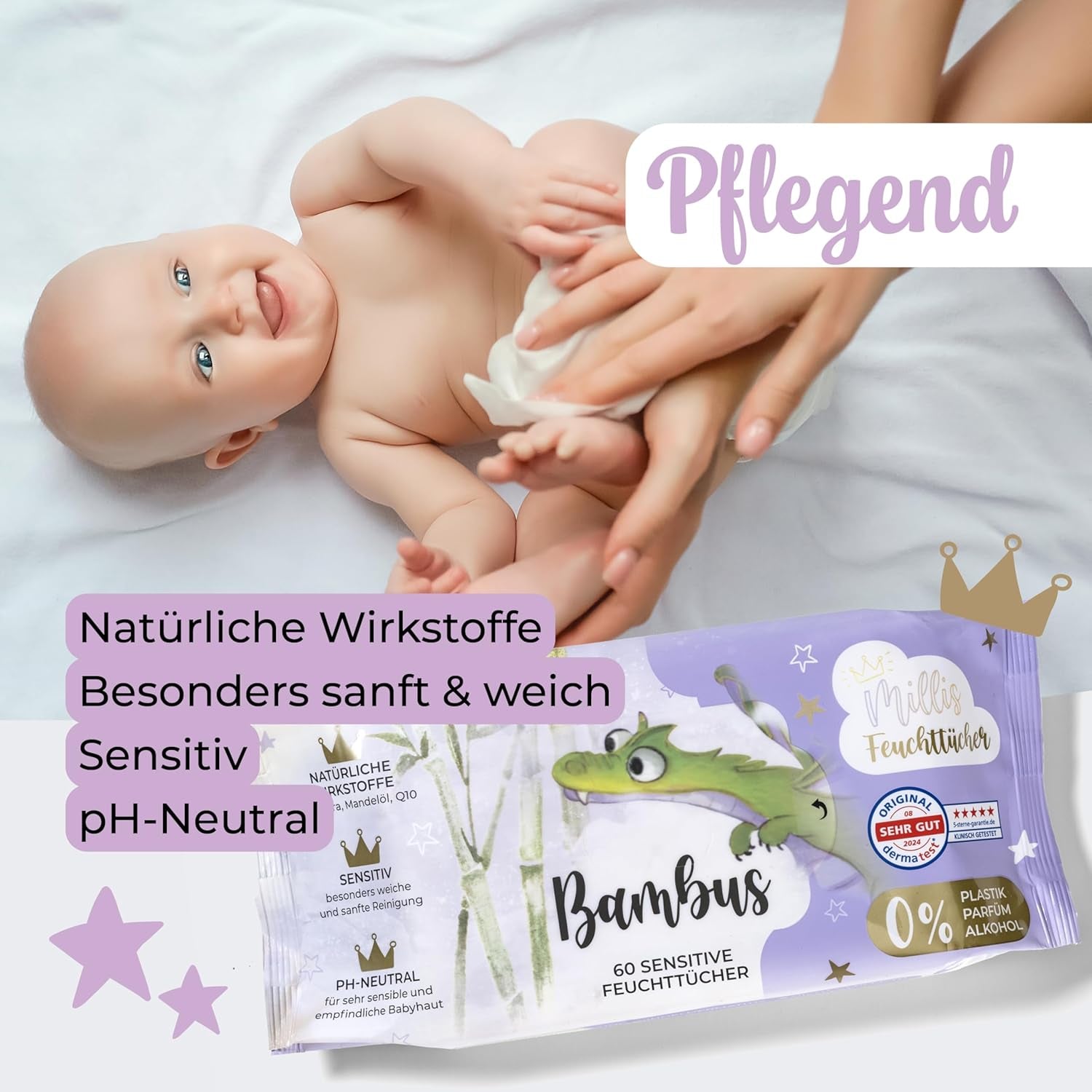 Millis Bamboo Baby Sensitive Feuchttücher für zarte Babyhaut – 5 x 60 Stück – Natürliche, sanfte und nachhaltige Reinigung – Biologisch abbaubare Babytücher, plastikfrei und alkoholfrei