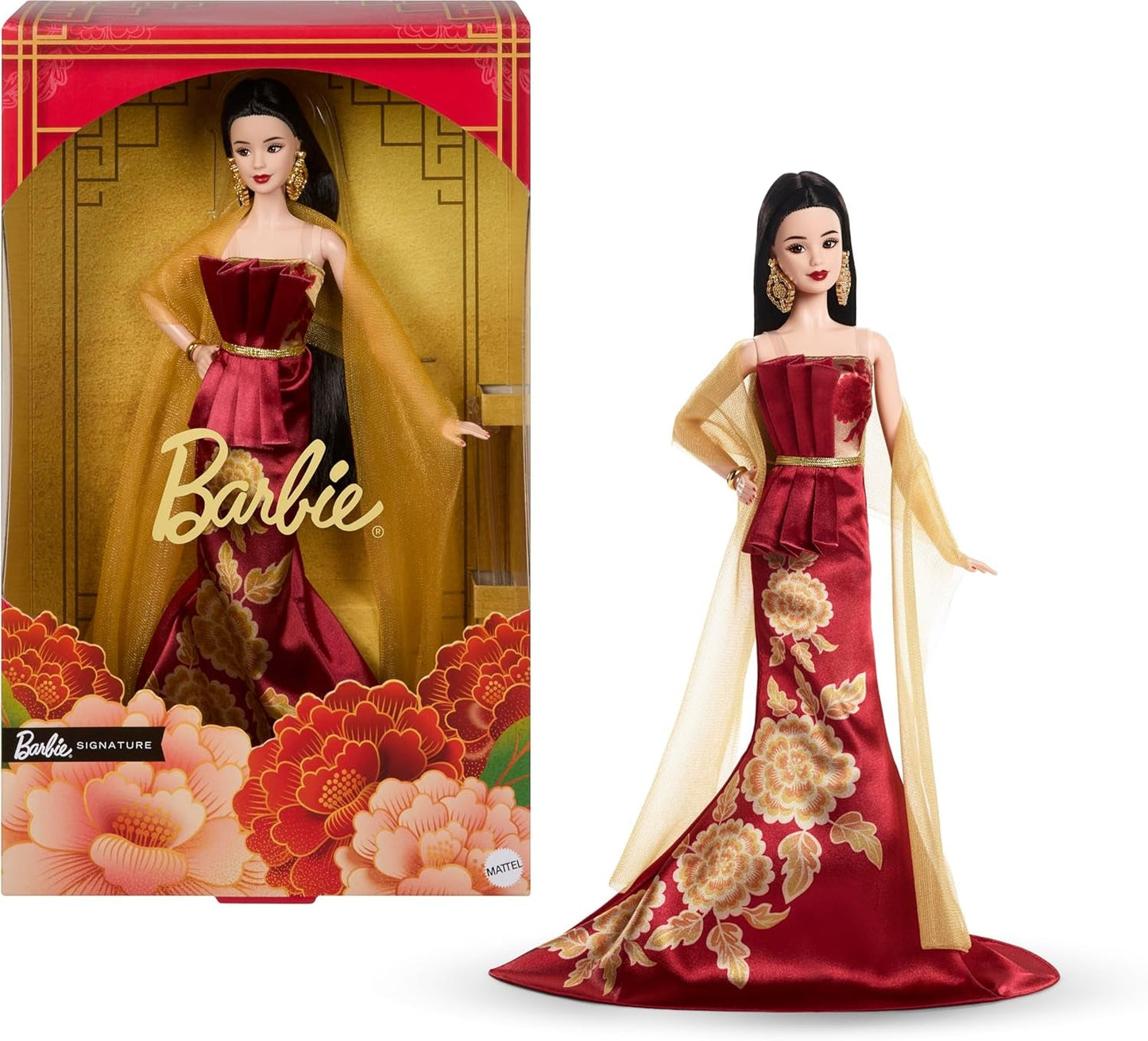 Barbie Signature Lunar New Year Puppe im roten Kleid mit goldenen Pfingstrosen, Sammlungsspielzeug JJX83