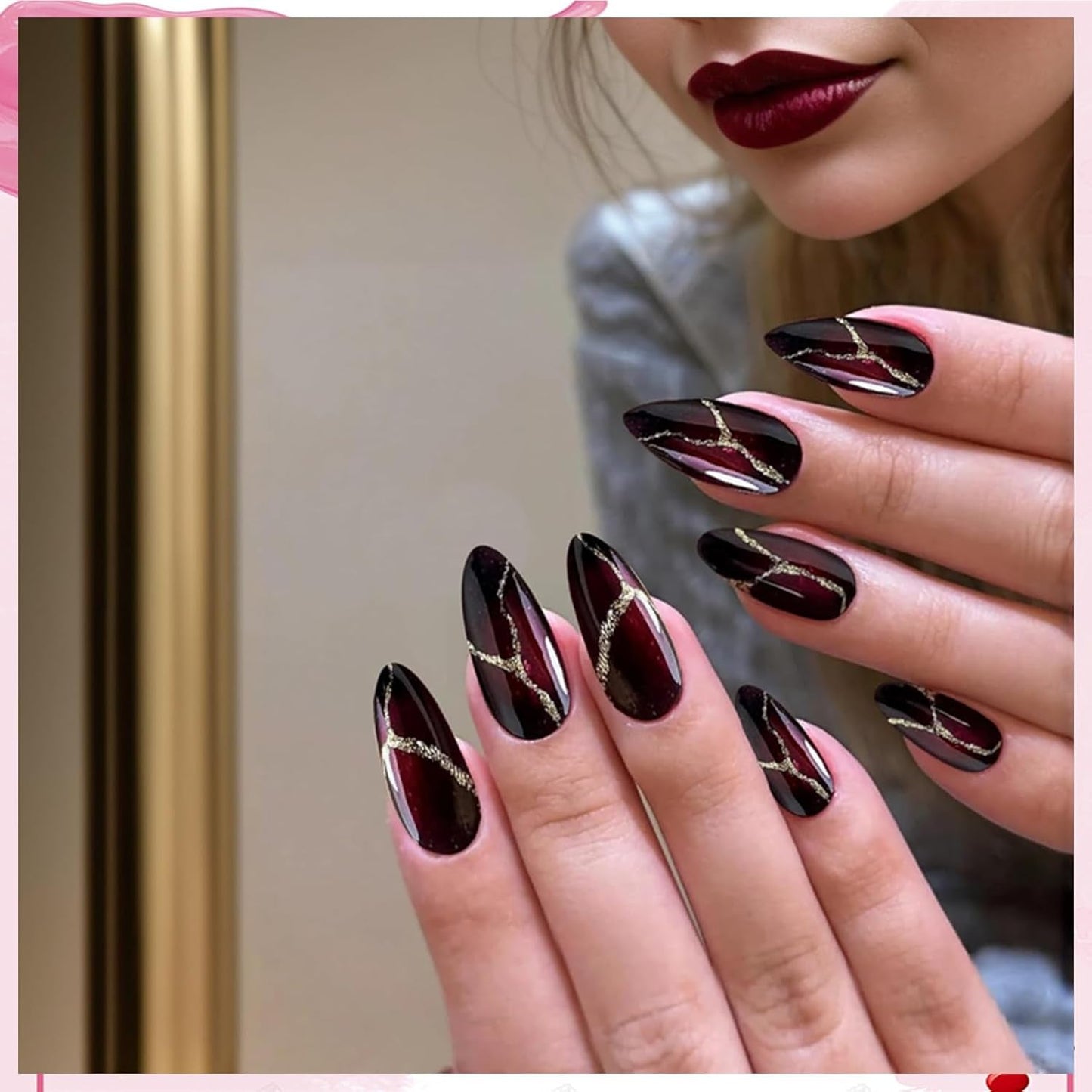 24 Stück rote und schwarze künstliche Nägel zum Aufkleben, künstliche Nägel, zum Aufkleben, mandelförmige Nagelspitzen, vollständige Abdeckung, künstliche Nägel, zum Aufdrücken von Nägeln, Set, rote und schwarze künstliche Nägel
