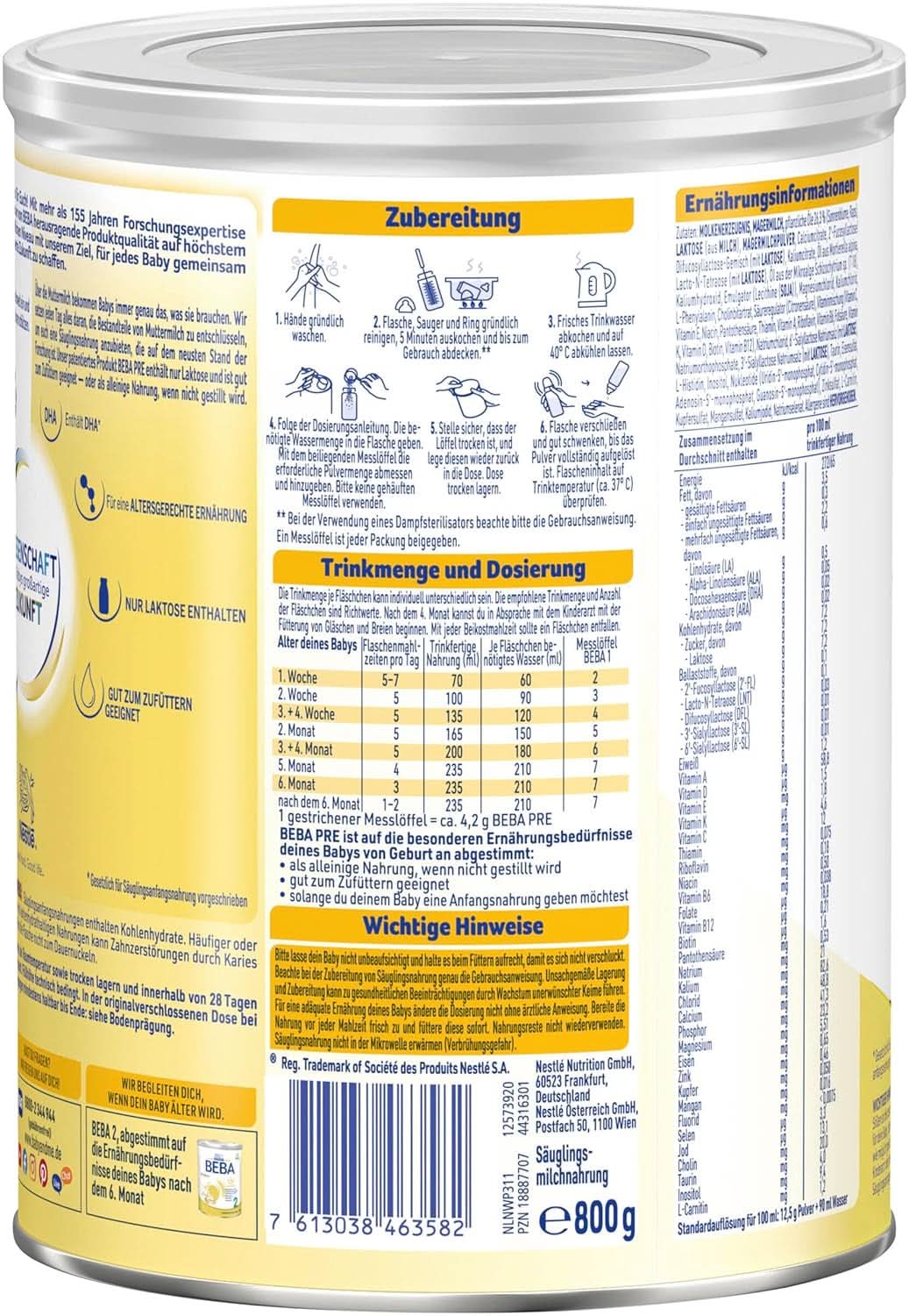 BEBA PRE Anfangsmilch von Geburt an, Babynahrung mit DHA, nur Laktose, ohne Palmöl, Packung 3 (3 x 800 g) Naty Shop