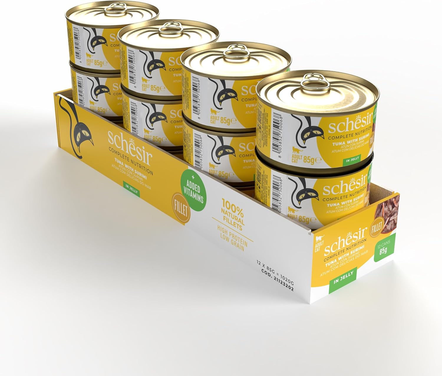 Surimi Thunfisch in Gelee, Nassfutter für Katzen, in Dosen, 100 % natürlich, mit zusätzlichen Vitaminen, 12 x 85 g