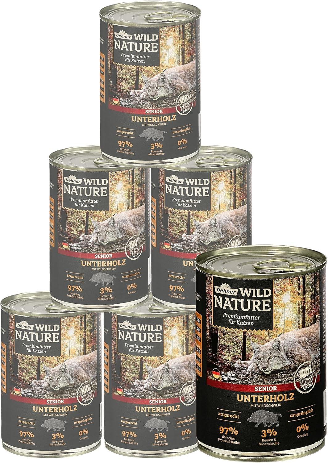 Dehner Wild Nature Katzenfutter Unterholz, Nassfutter getreidefrei / zuckerfrei, für ältere Katzen, Wildschwein, 6 x 400 g Dose, (2,4 kg)