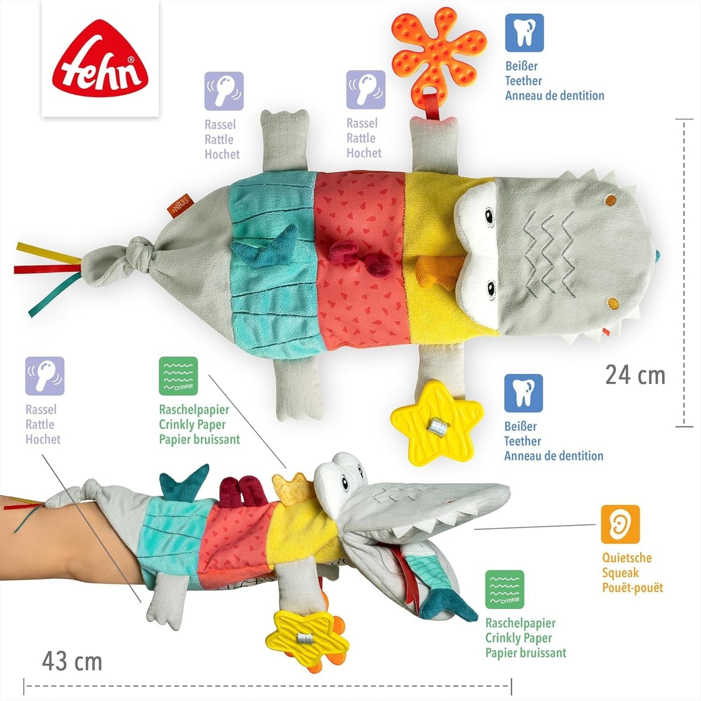 Fehn Babyhandpuppe Krokodil – Plüschtier mit Rassel, Raschelpapier, Beißring und Quietscher – Babyhandpuppe – Knallspielzeug für Babys und Kleinkinder ab 6 Monaten Babyspielzeug Naty Shop