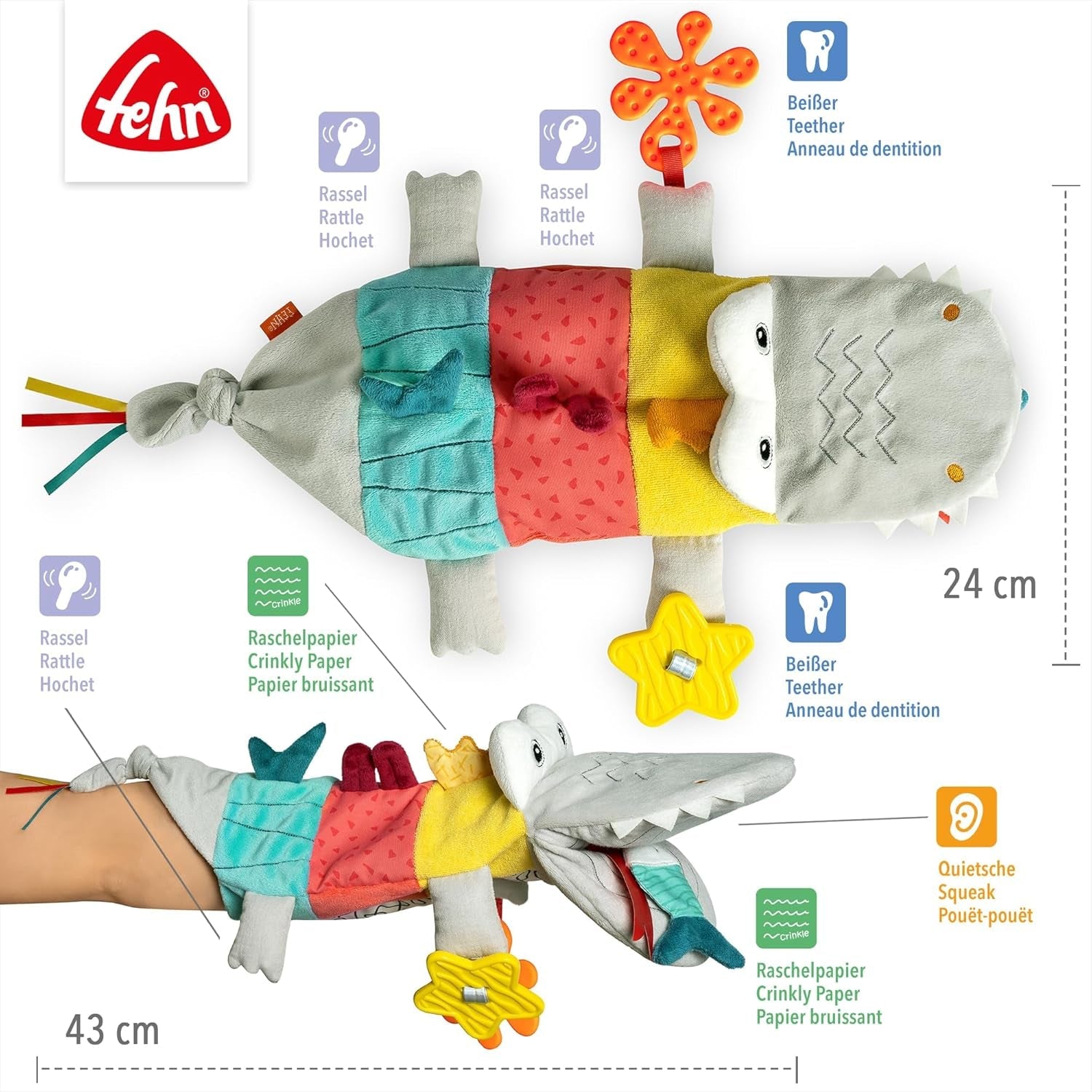 Fehn Babyhandpuppe Krokodil – Plüschtier mit Rassel, Raschelpapier, Beißring und Quietscher – Babyhandpuppe – Knallspielzeug für Babys und Kleinkinder ab 6 Monaten Babyspielzeug Naty Shop