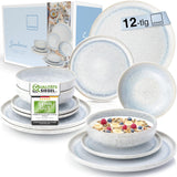 SANGER | 12-teiliges Santorini-Geschirrset, 4-Personen-Tellerset, SEHR GUT bewertetes Steinzeug-Geschirrset, einschließlich Speisetellern, Desserttellern und Suma-Tellern, Farbverlauf Creme-Flieder-Blau | DIE PREMIUM-KOLLEKTION