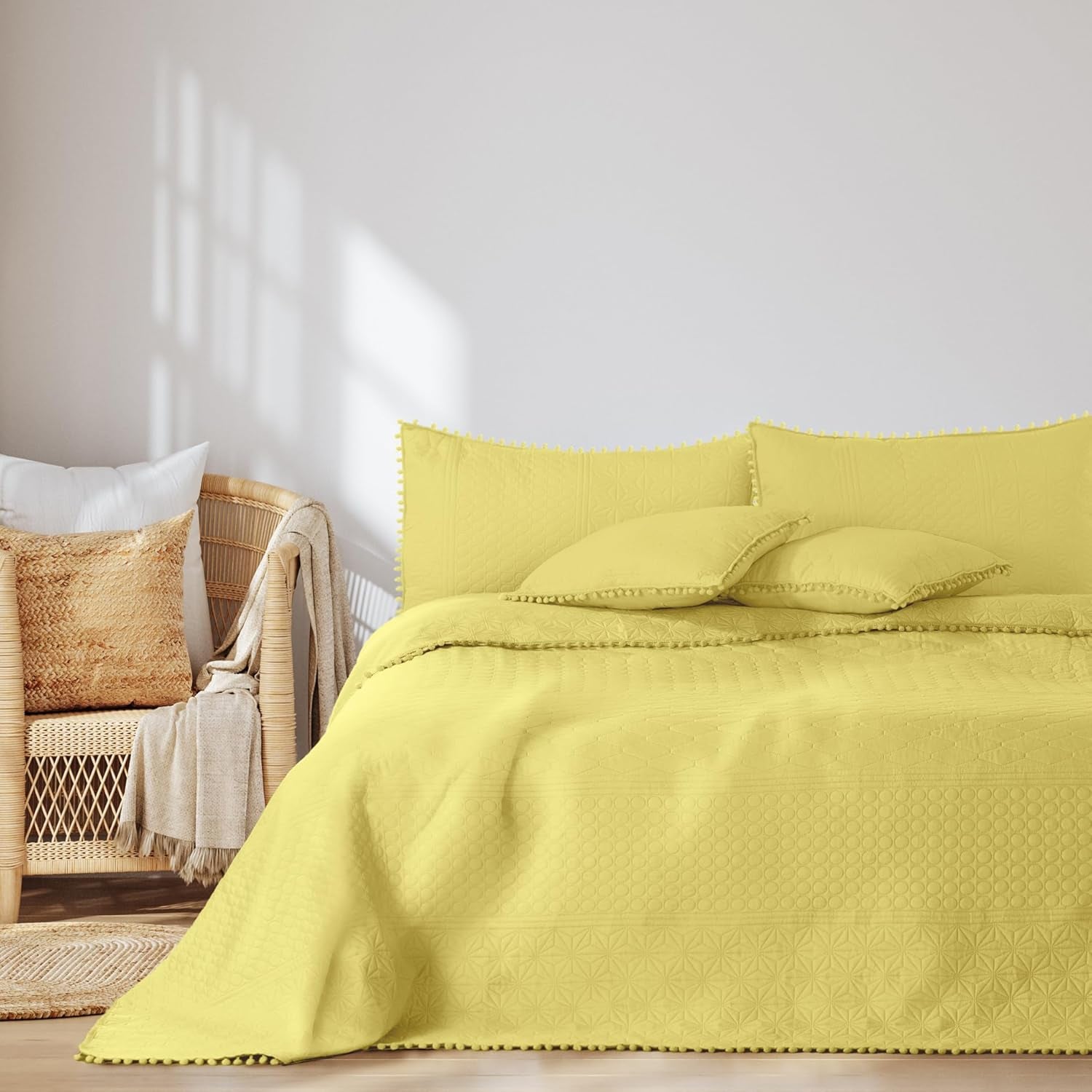 Ameliahome Tagesdecke mit Pompons, 220 x 240 cm, doppelseitige Tagesdecke, Ultraschall-Steppung, Polyester, Meadore, Grau, Betten und Decken, Besuche den AmeliaHome-Store Meadore gelb, 220 x 240 cm