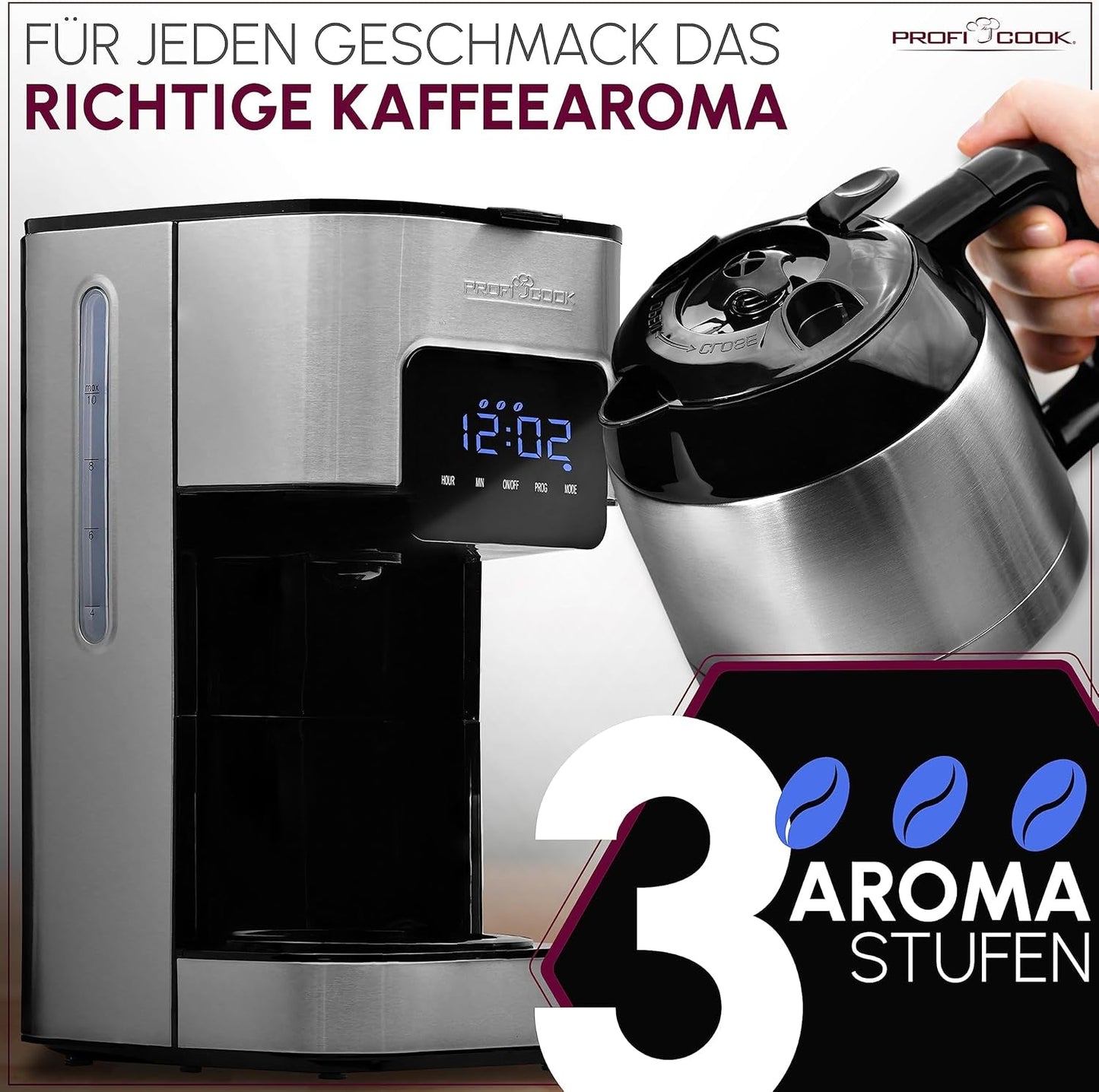 Kaffeemaschine Profi Cook | 8-10 Tassen | Timer | Sensor-Touch-Steuerung | 1,2 Liter doppelwandige Thermoskaraffe | Geschmackssiegel | Filterkaffeemaschine aus Edelstahl | PC-KA 1191