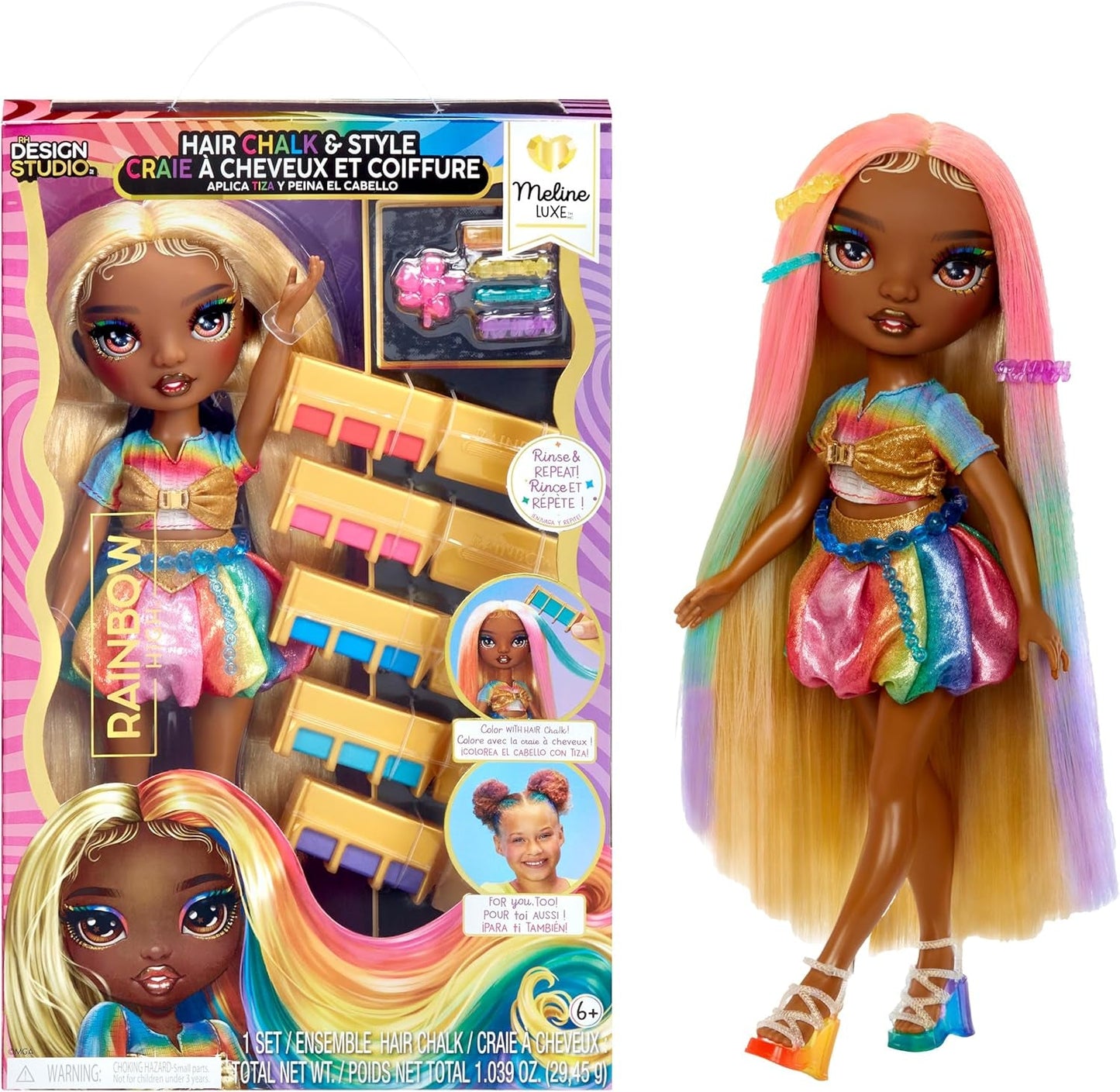 Rainbow High Haarkreide- und Styling-Puppe – Meline – 28 cm große waschbare Haarkreidepuppe in Regenbogen- und Goldtönen, zum Färben, Stylen, Spielen, Ausspülen und Wiederholen, für Kinder im Alter von 4–12 Jahren