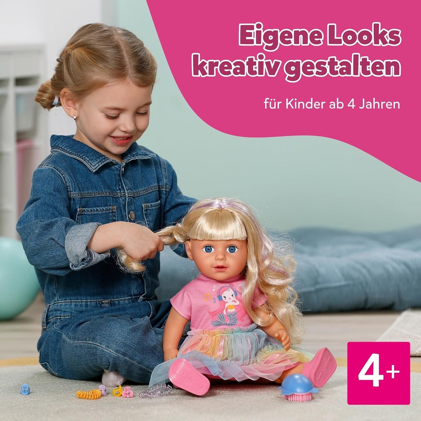 BABY born Carla – 43 cm große Puppe – hochwertiges blondes Haar mit Strähnen – keine Batterien erforderlich – geeignet für Kinder ab 4 Jahren – inklusive 7 Zubehörteilen, rosa