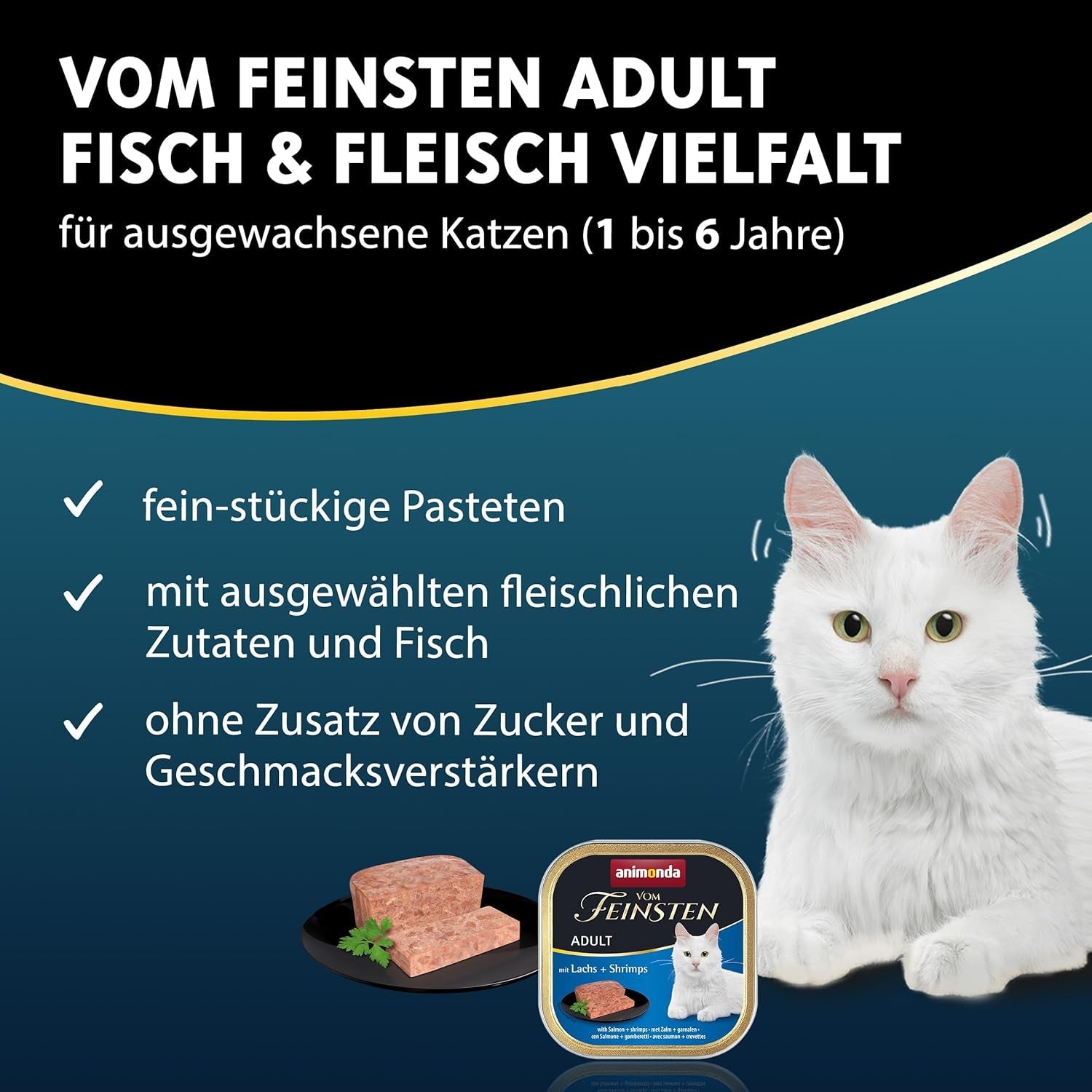 animonda Vom Feinsten Adult Fish & Meat Variety (32 x 100 g), Nassfutter für ausgewachsene Katzen, getreide- und zuckerfreies Katzenfutter, feine Bratlinge in Stücken
