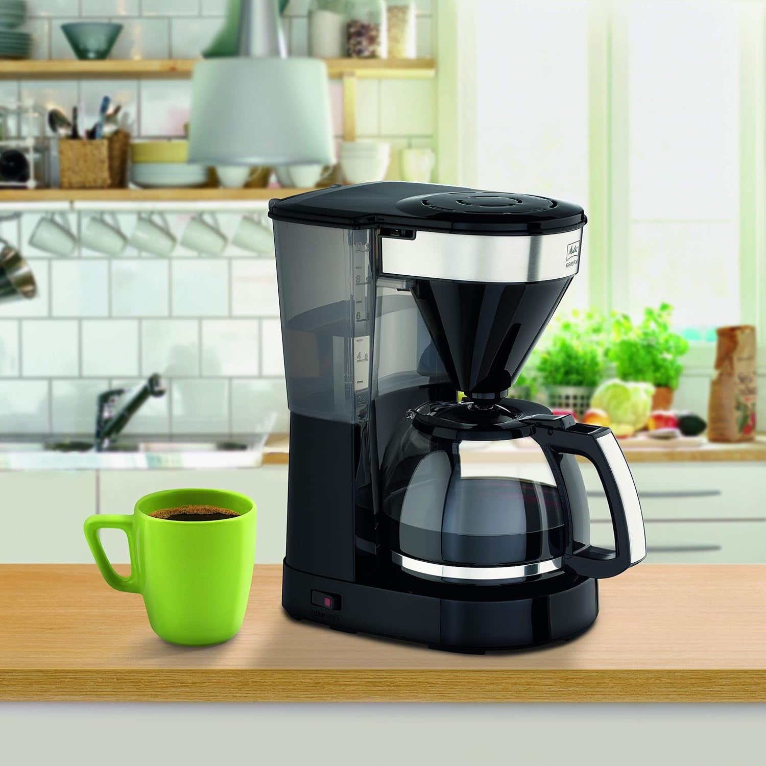 Melitta Easy Top – Espressomaschine mit Filter und Glaskaraffe, für bis zu 10 Kaffeetassen, Schwarz/Edelstahl