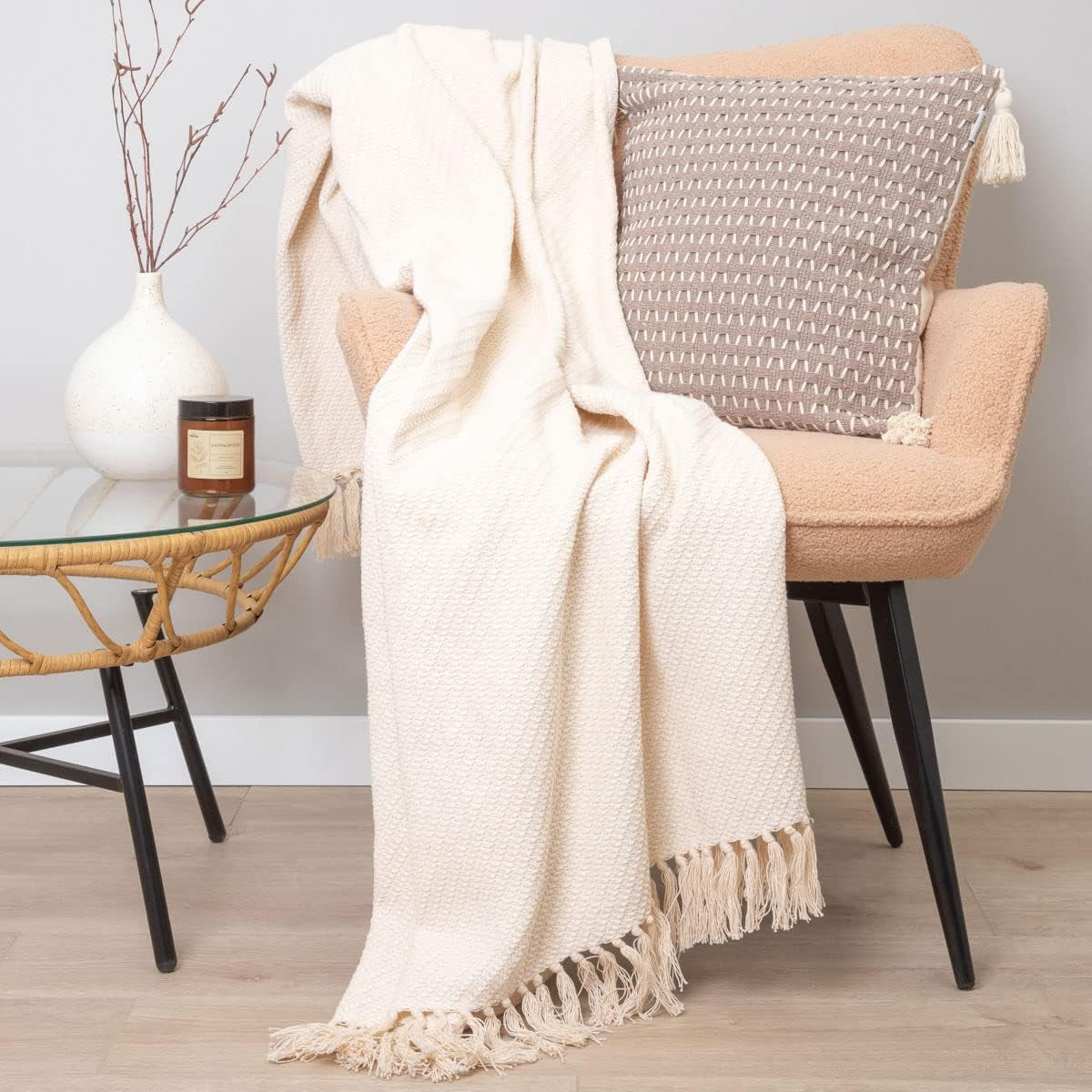 HOMLA Morris Plaid Cotton Fransendecke – weiche und bequeme Decke Baumwolldecke – feiner Stoff 130 x 170 cm Ecru Betten und Decken Besuchen Sie den HOMLA-Store