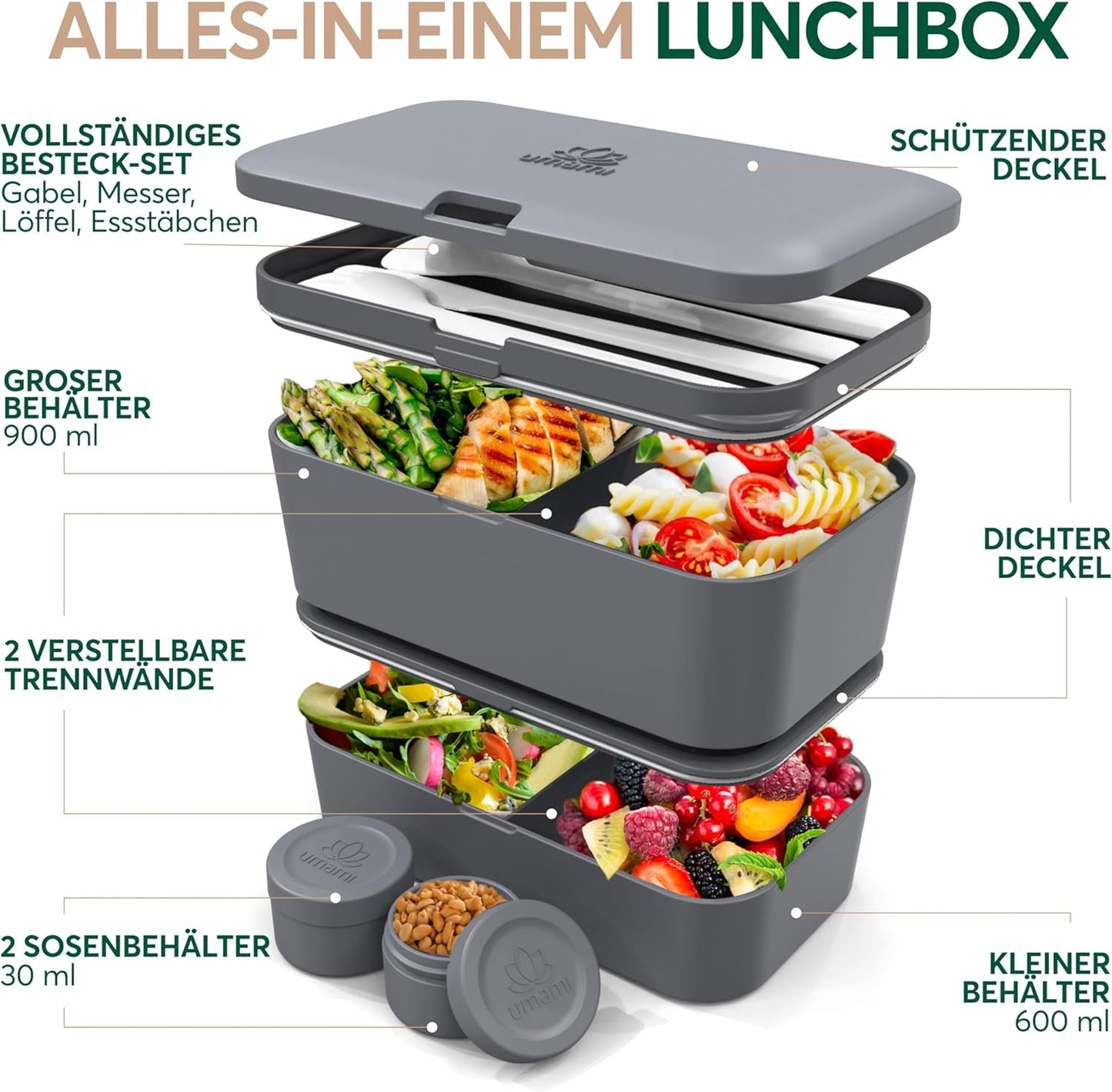 Umami-Lunchbox für Erwachsene, stapelbare Bento-Box mit 4 Besteck und Fächern, Lunchbox für Erwachsene, To-Go-Salatbehälter, Picknick-/Büro-Lunchbox, Anthrazit, 1500 ml Frischhalteboxen Naty Shop