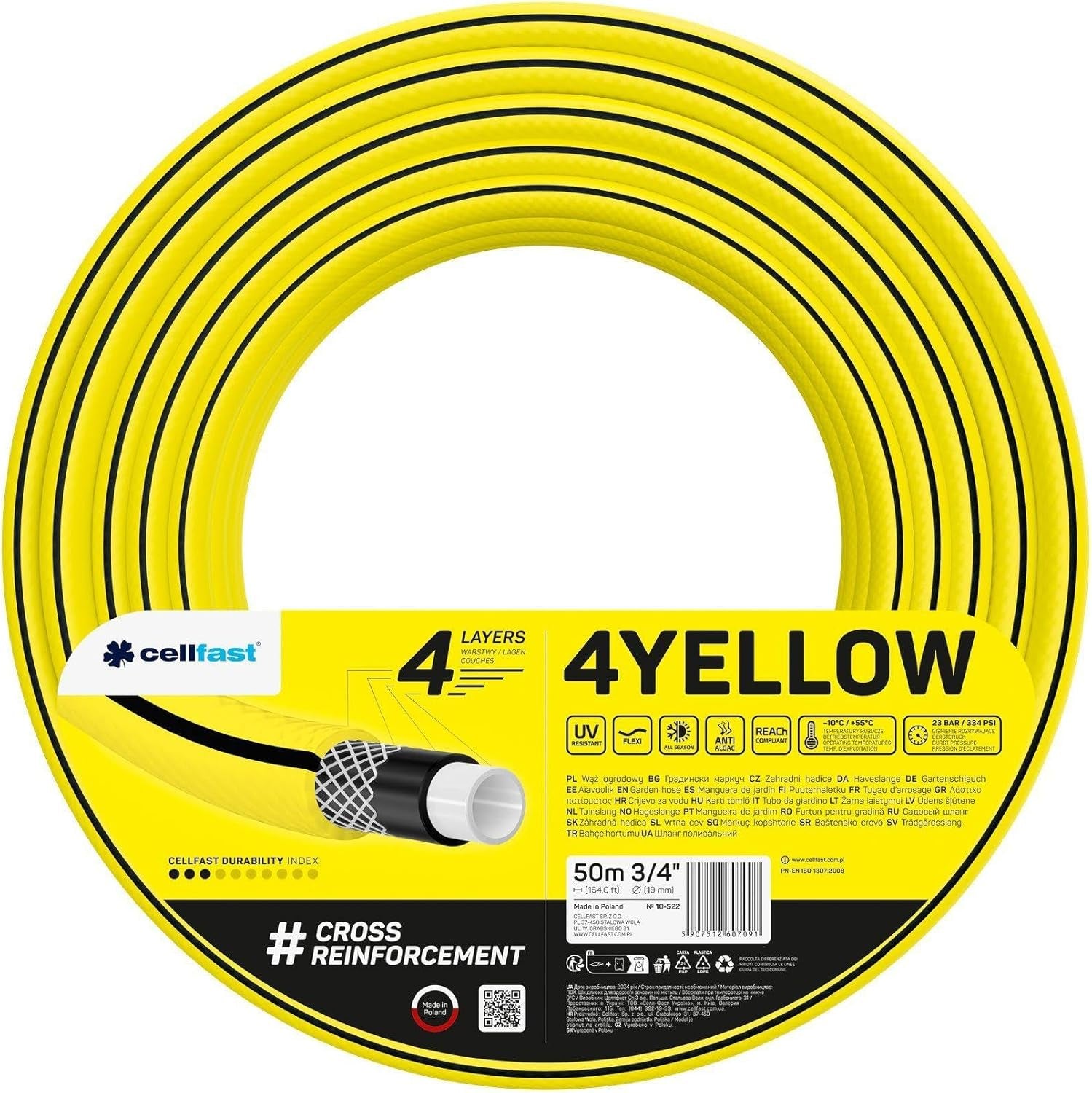 Gartenschlauch Cellfast GELB, leicht, langlebig, 4-lagig, langlebiges Kreuzgeflecht, UV- und algenbeständig, verdrehsicher, REACH-Technologie, 20 bar, -10/+50°C, Verschluss: 3/4", 50m