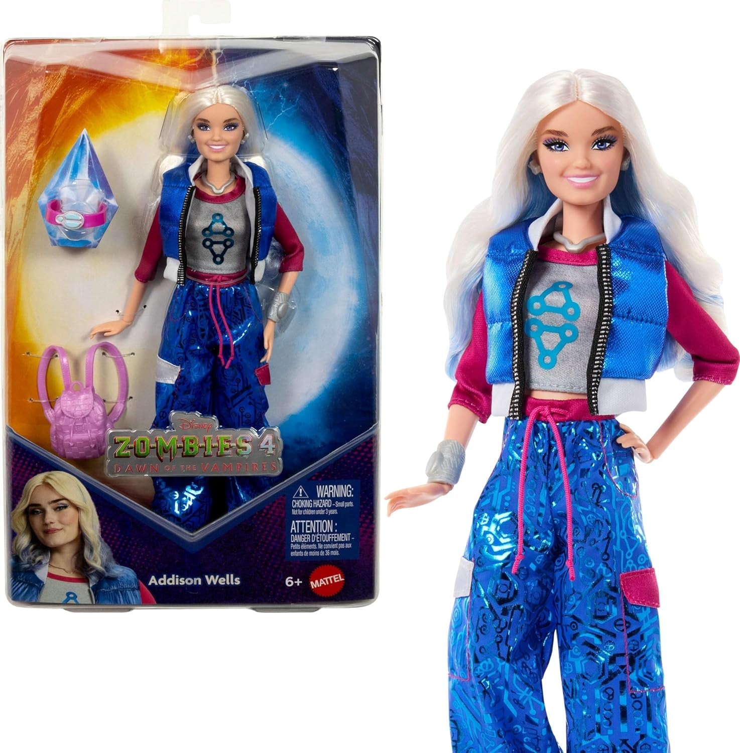 Mattel Disney Zombies 4: Dawn of the Vampires Addison Wells Modepuppe mit abnehmbarem Outfit und 6 vom Film inspirierten Accessoires, JFG32