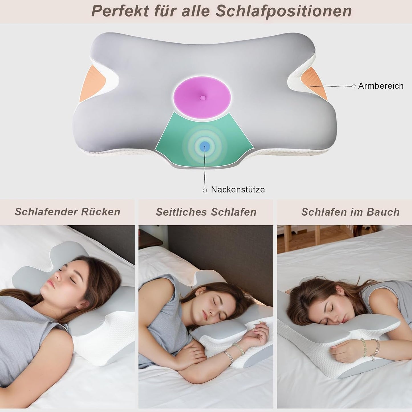 Nackenkissen, orthopädisches Kopfkissen, Memory-Schaum-Kissen, Seitenaufprallkissen – ergonomisches Design, hohle Form für Seiten-, Rücken- und Bauchaufprall, hellgrau, orthopädische Halskissen von Naty Shop