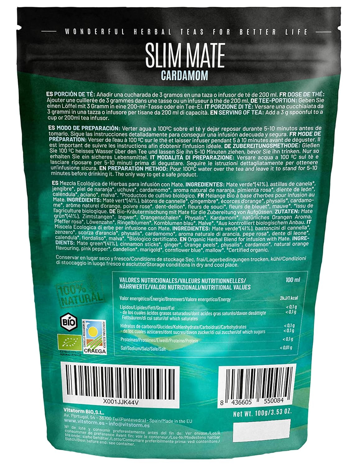 VITSTORM® Slim Tea Kardamom – BIO Yerba Mate Tee – Entgiftungs- und Diuretika-Tee – 100 g
