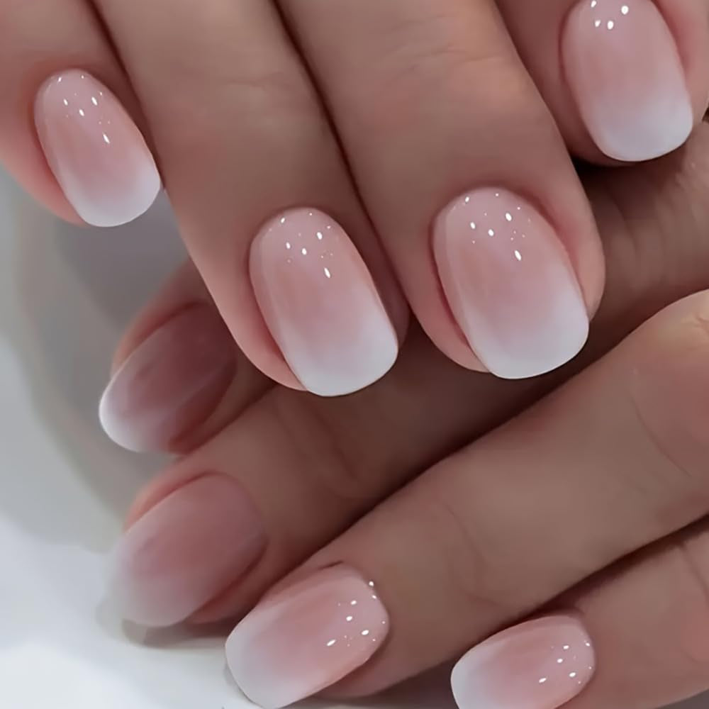 Selbstklebendes Kunstnägel-Set – Französische Kunstnägel – 24-teilig, kurzes quadratisches Design, weiß-rosa Farbverlauf, künstliche Nägel, Ballerina-Maniküre (kurzer rosa Farbverlauf)