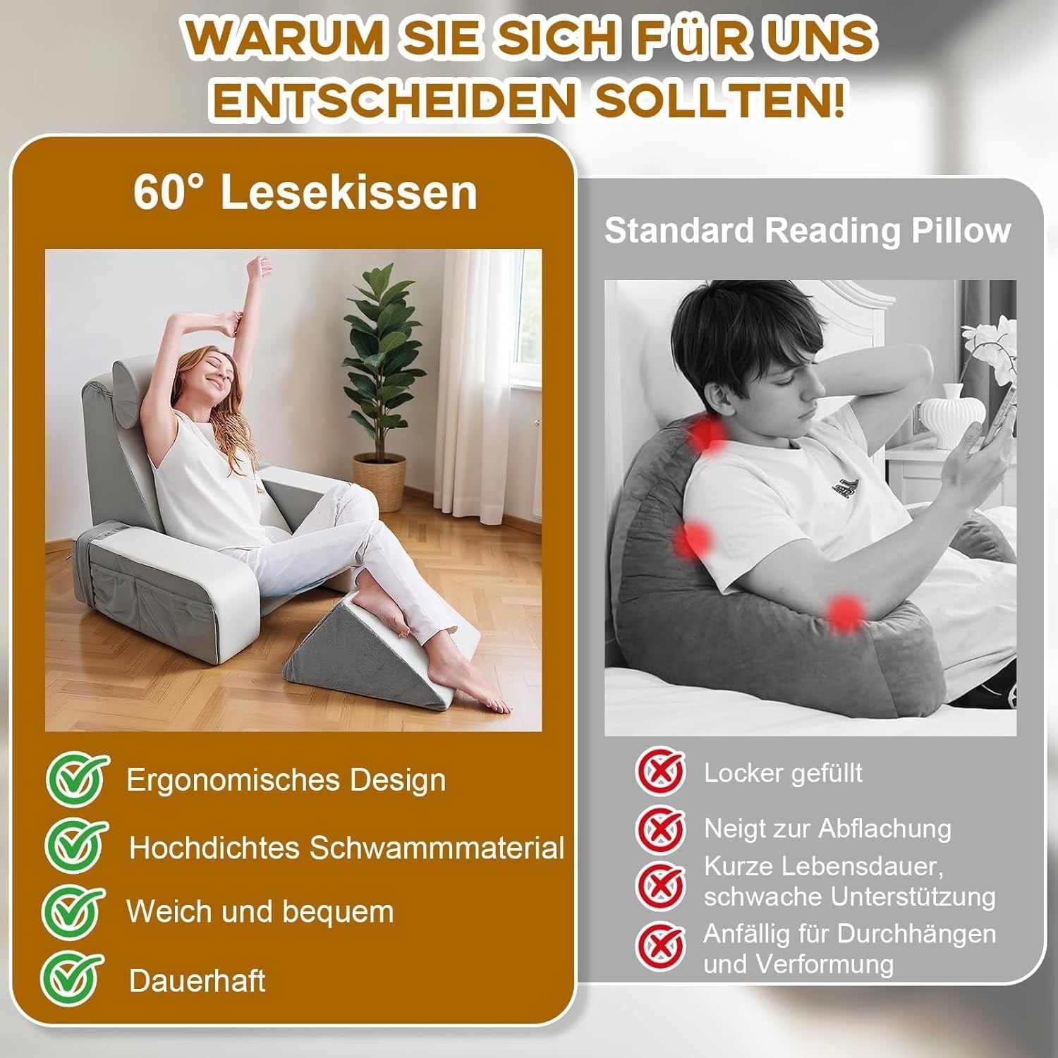 Lesekissen mit abnehmbarer Nackenstütze und Armlehne, bequemes und leichtes Rückenkissen für Bett und Couch, Rückenkissen für Erwachsene, Memory-Schaum-Rückenlehne zum Lesen, Fernsehen und Videospielen