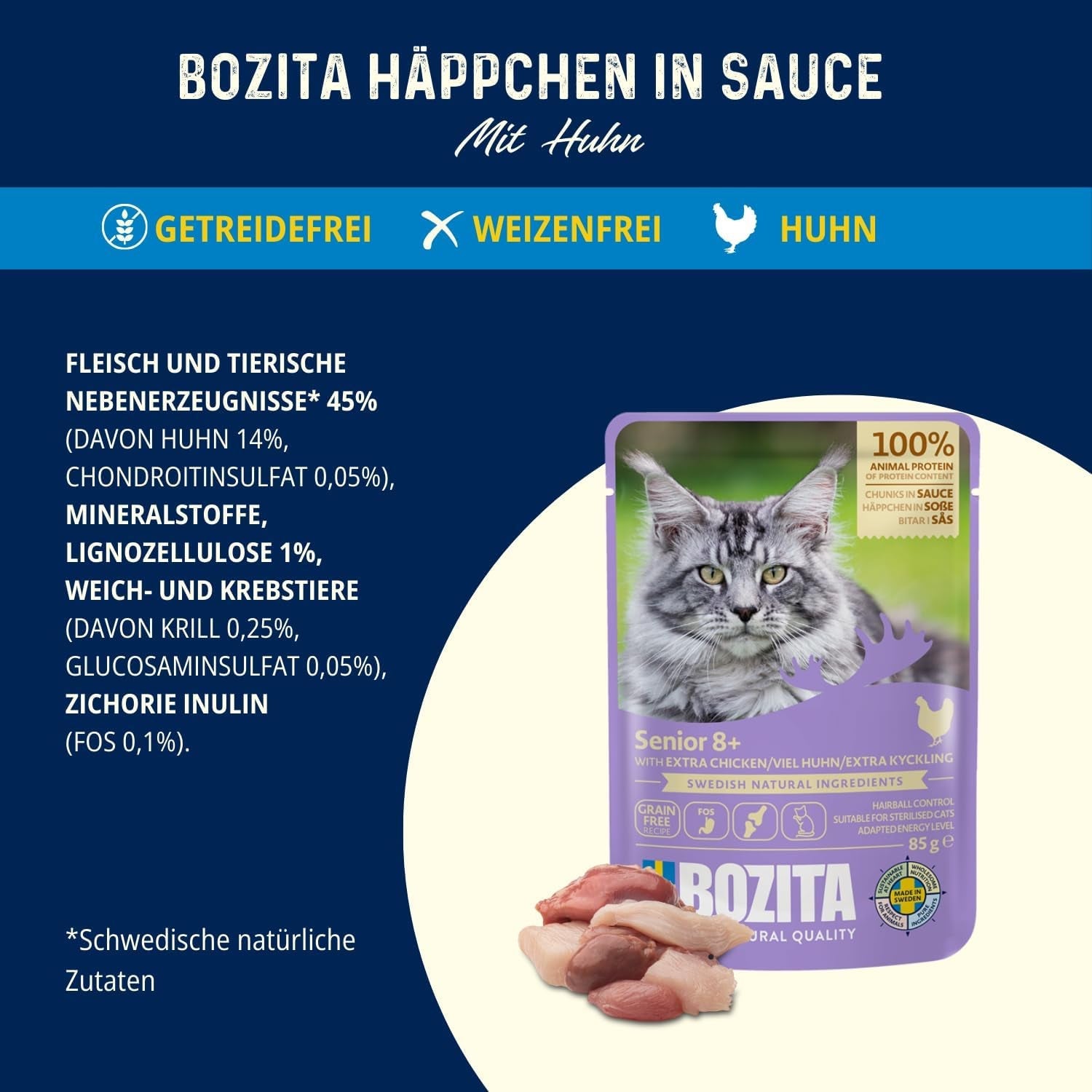 Bozita Senior 8+ Mound Nassfutter für Katzen mit Getreide und viel Huhn – 12 Beutel x 85 g, getreide- und weizenfreies Nassfutter für Katzen – Nassfutter für Katzen mit 8,5 % Protein und 4,5 % Fett