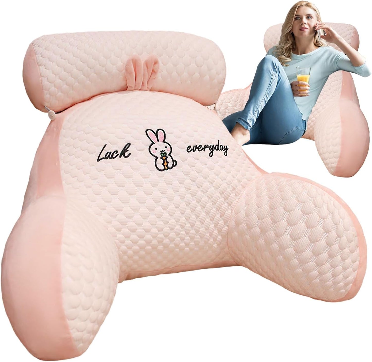 Lesekissen, Bettkissen, extra großes Rückenkissen für Erwachsene, 70 x 50 cm, zum Lesen mit abnehmbarer Nackenrolle und Stützarm, bequemes Lesekissen für Bett und Sofa (Rosa, extra groß)